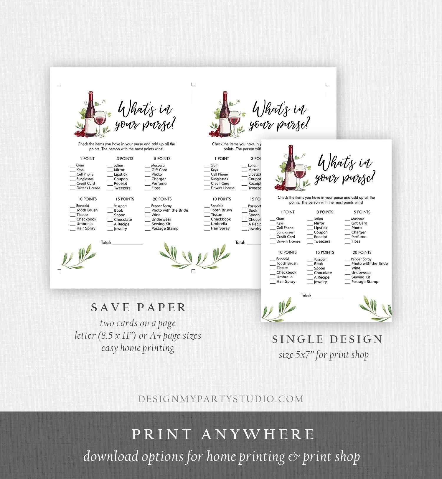 Editable What's in Your Purse Bridal Shower Game Wine Tasting Vineyard Grapes Wine Bottles Wedding Outdoor Napa Download Corjl Template 0234