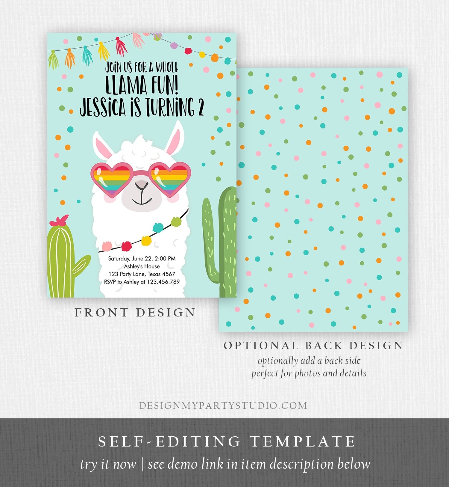 Editable Whole Llama Fun Birthday Invitation Llama Fiesta Cactus Sunglasses Girl Blue Alpaca Instant Download Printable Template Corjl 0079