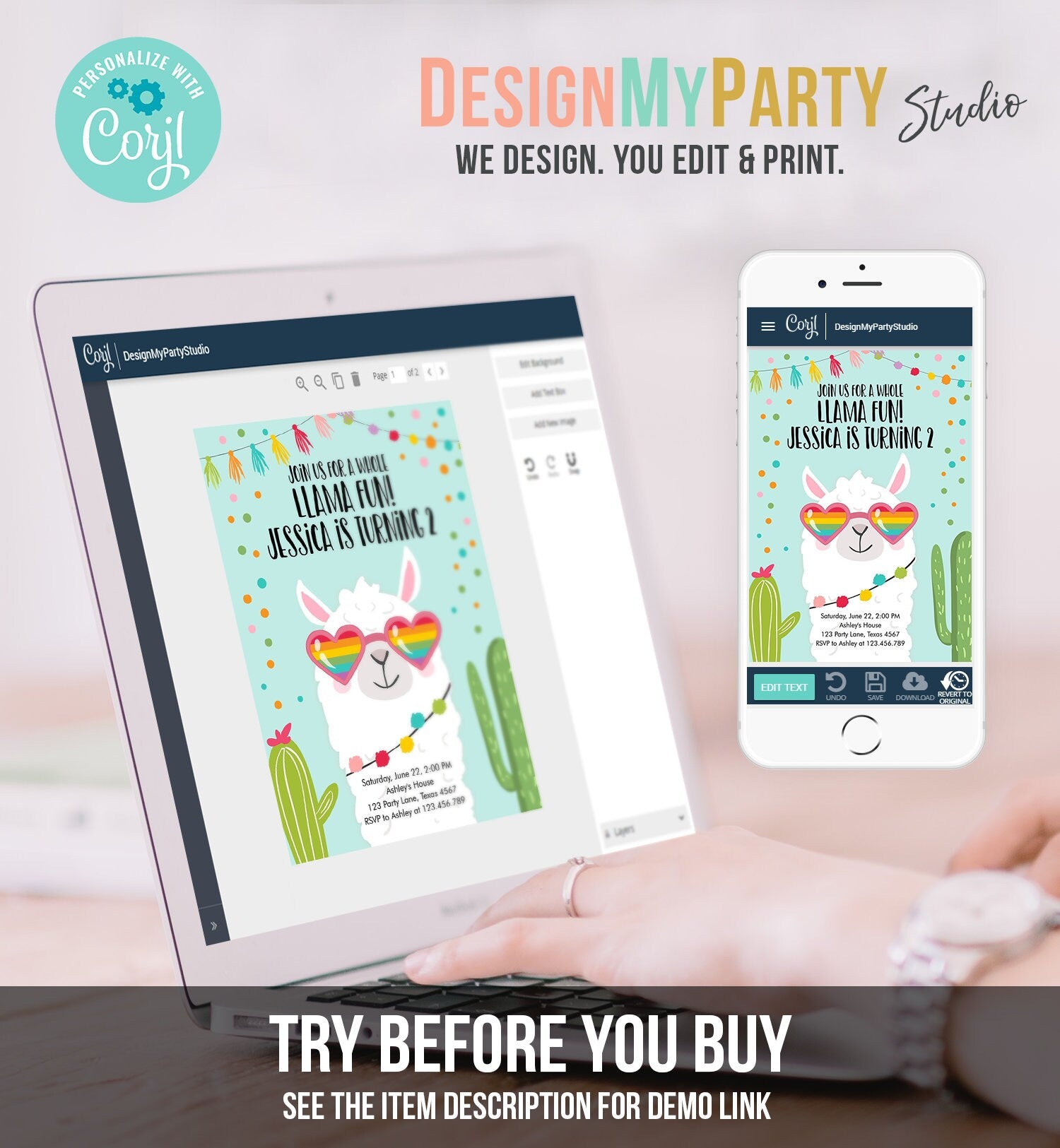 Editable Whole Llama Fun Birthday Invitation Llama Fiesta Cactus Sunglasses Girl Blue Alpaca Instant Download Printable Template Corjl 0079