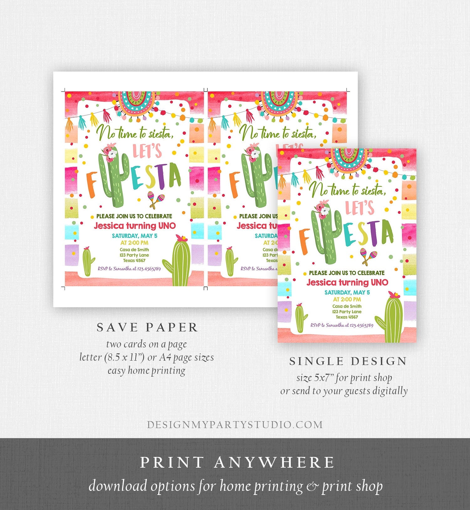 Editable Let's Fiesta Birthday Invitation Cactus Succulent First Birthday Party Girl 1st Mexican Uno Download Evite Template Printable 0134