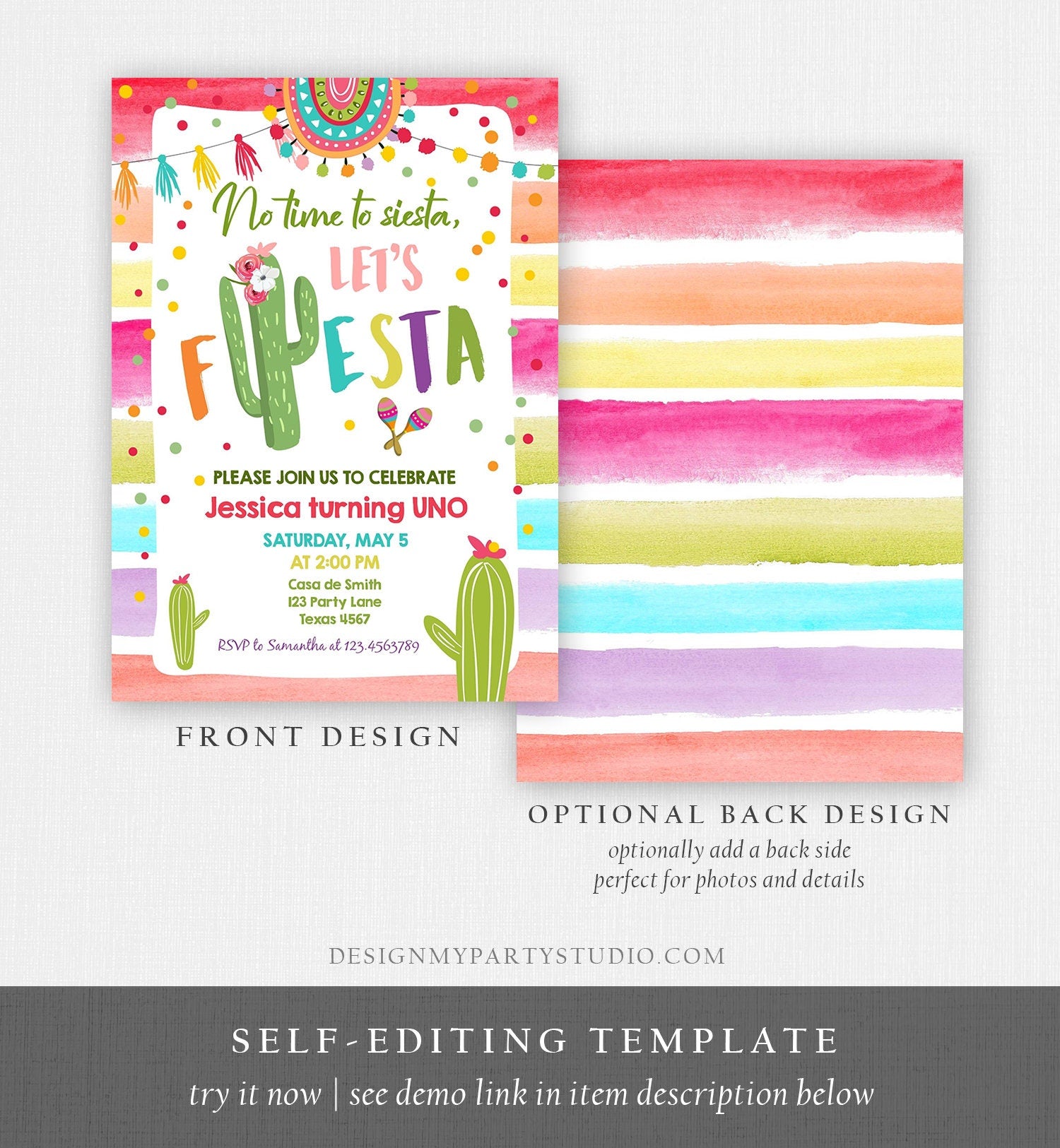 Editable Let's Fiesta Birthday Invitation Cactus Succulent First Birthday Party Girl 1st Mexican Uno Download Evite Template Printable 0134