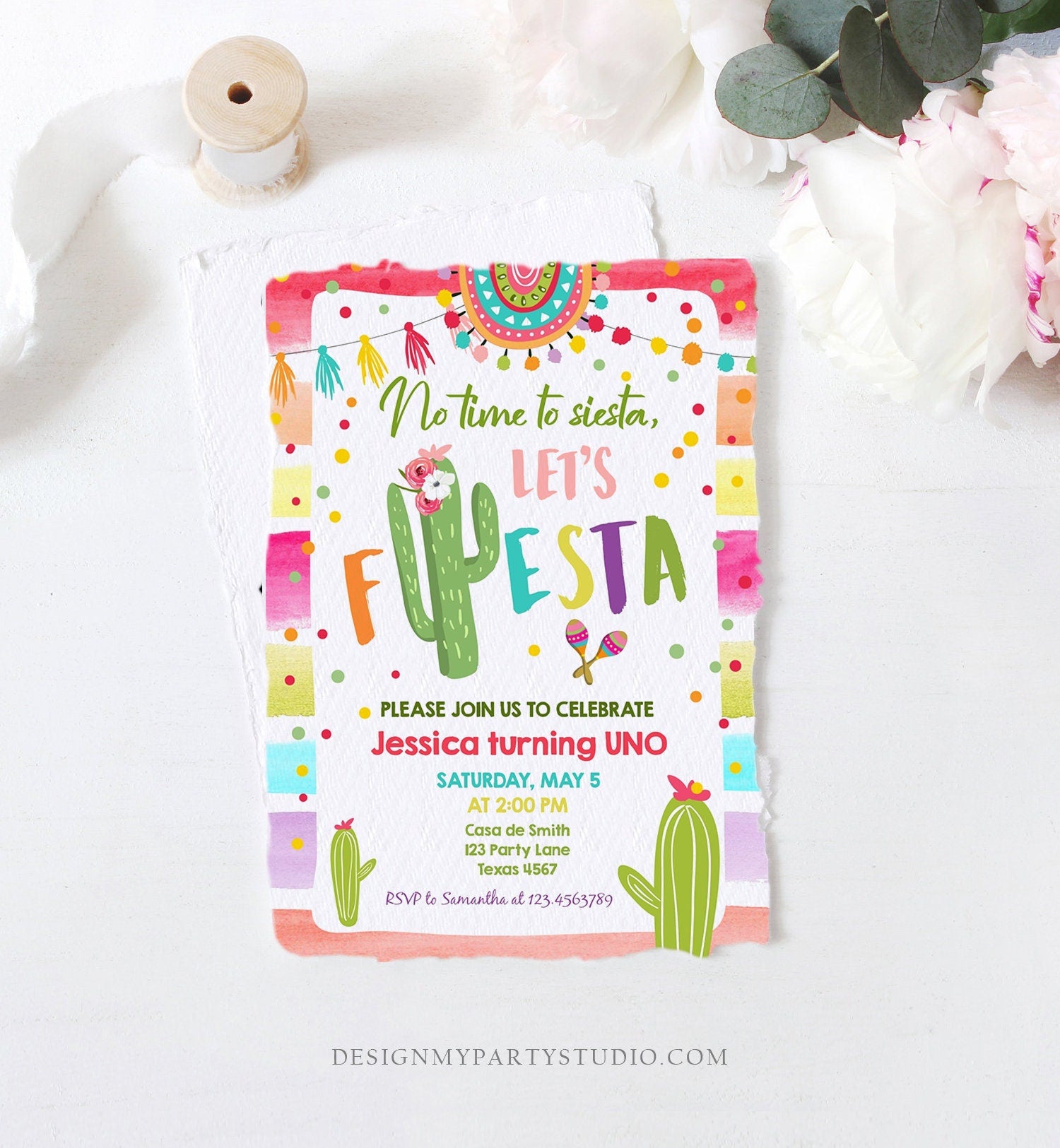 Editable Let's Fiesta Birthday Invitation Cactus Succulent First Birthday Party Girl 1st Mexican Uno Download Evite Template Printable 0134