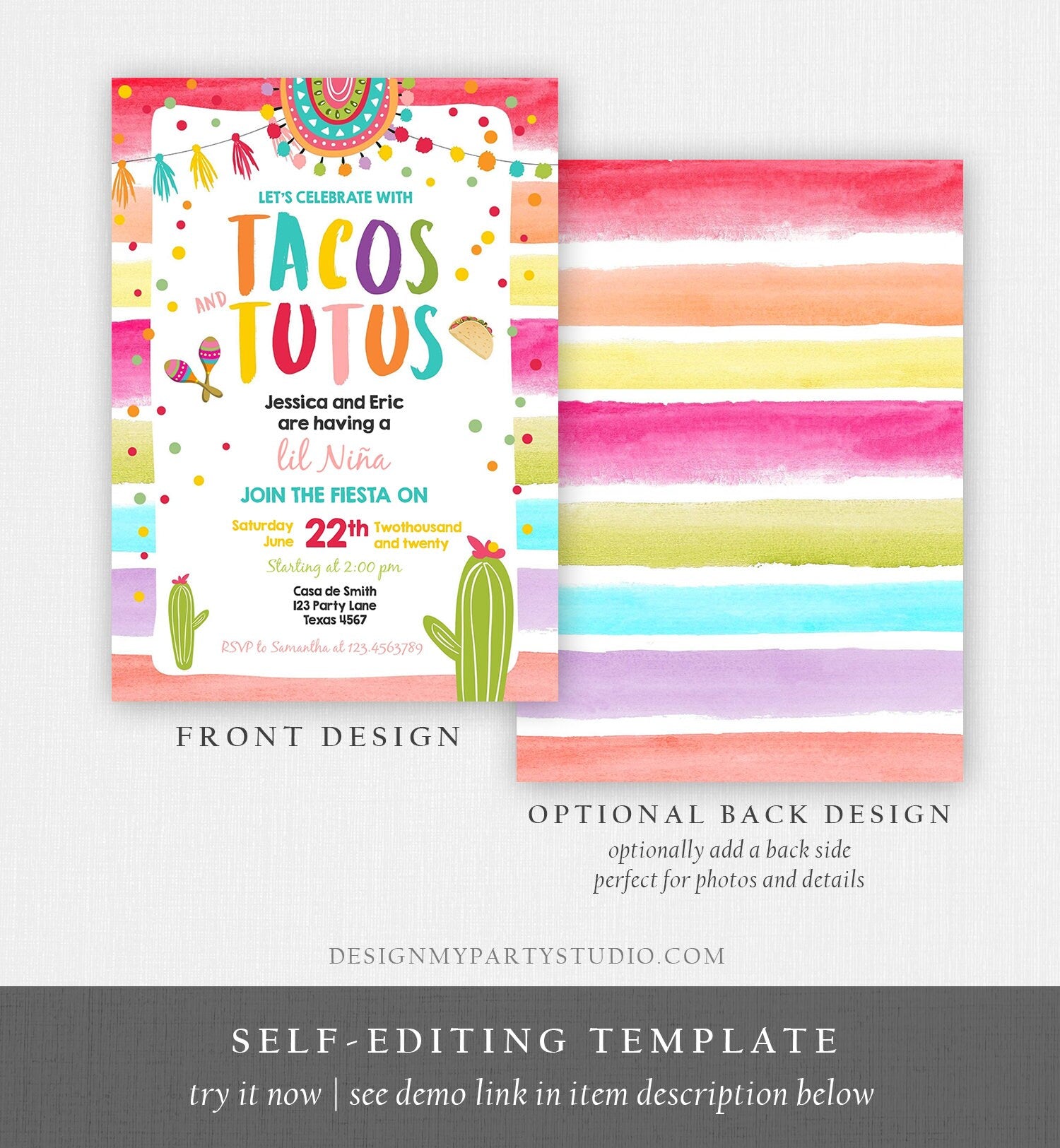 Editable Fiesta Baby Shower Invitation Tacos and Tutus Cactus Mexican Fiesta Couples Shower Taco Sprinkle Digital Template Printable 0134