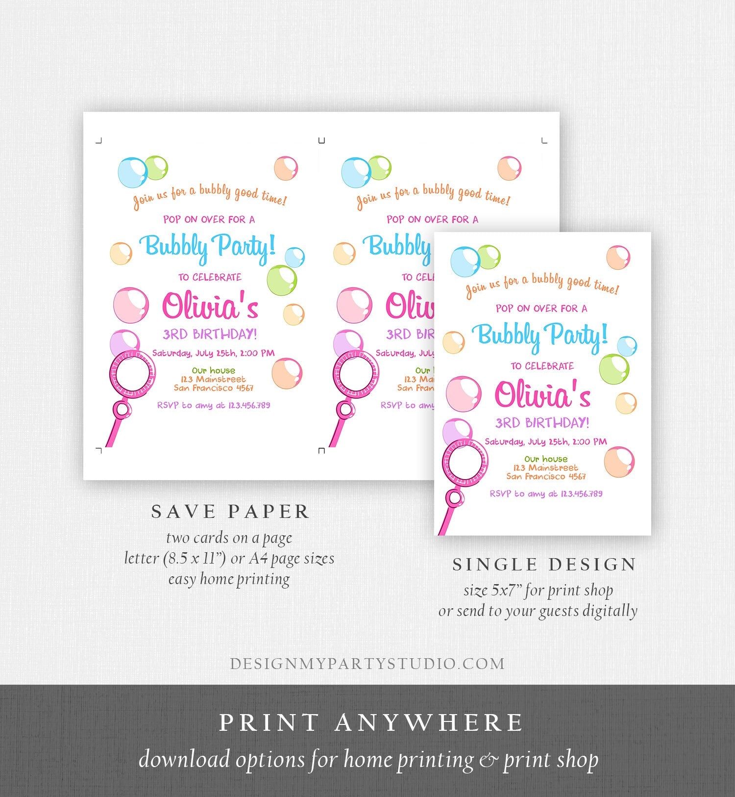 Editable Bubble Birthday Invitation Bubbles Birthday Party Invite Pop Girl Pink Purple Summer Digital Download Evite Template Printable 0035