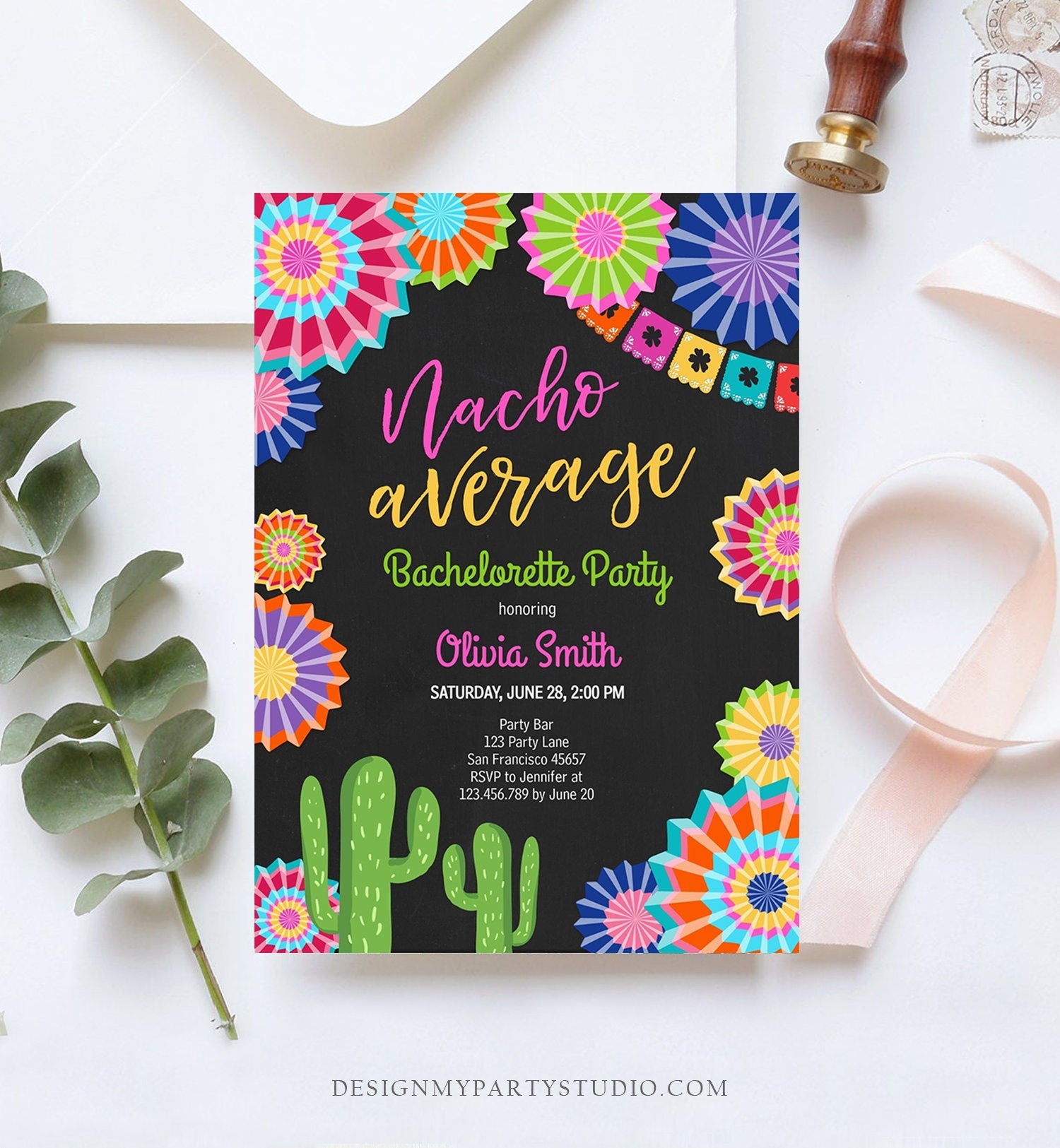 Editable Fiesta Nacho Average Bachelorette Party Invitation Cactus Mexican Bridal Shower Digital Download Corjl Template Printable 0236