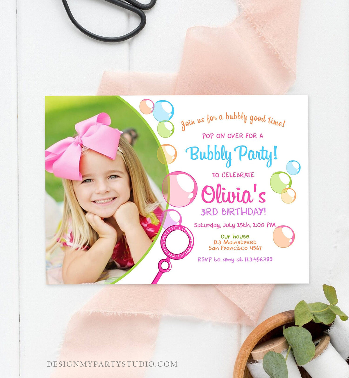 Editable Bubble Birthday Invitation Bubbles Birthday Party Invite Pop Girl Pink Purple Summer Digital Download Corjl Template Printable 0035