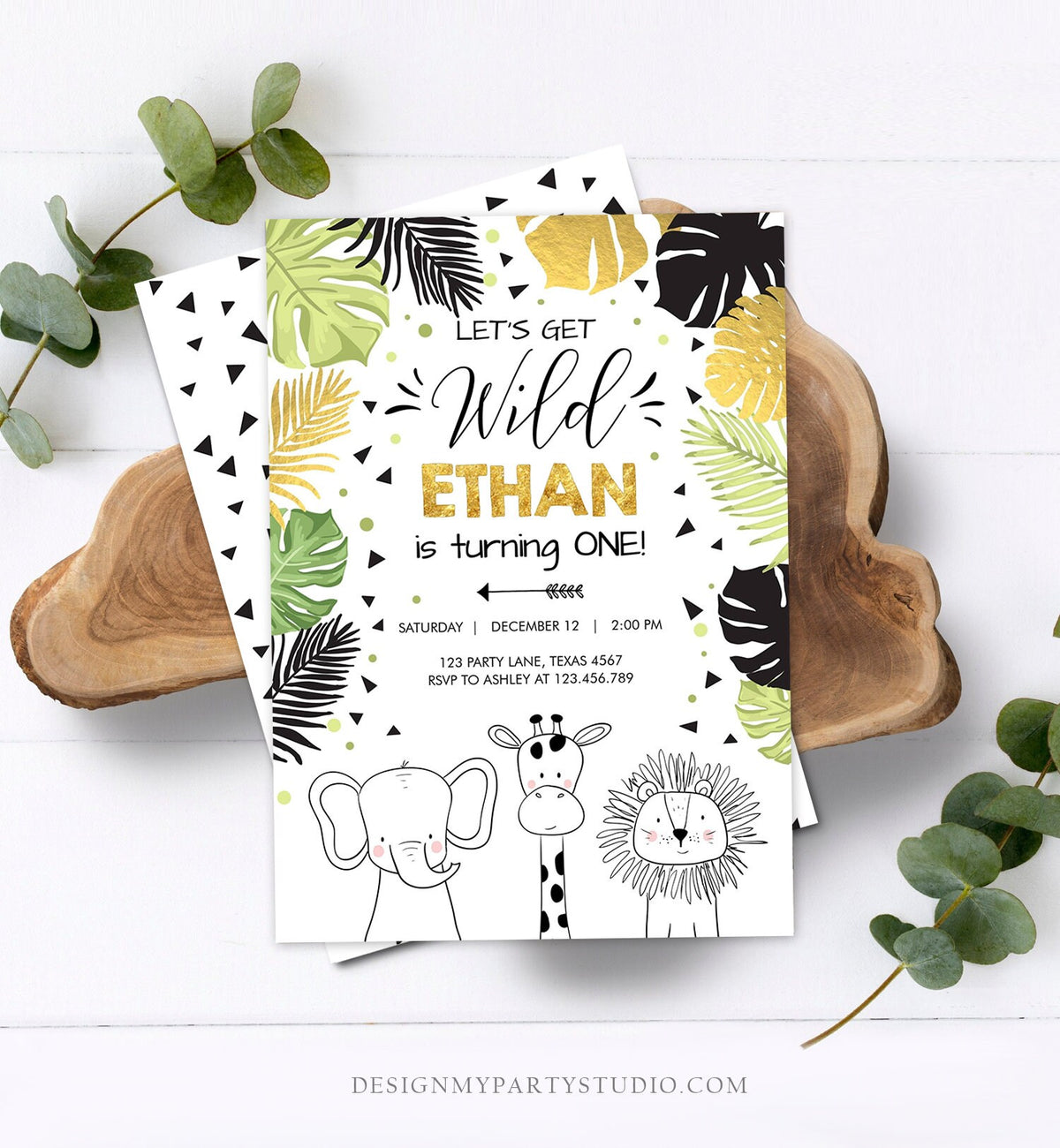 Editable Safari Animals Birthday Invitation Boy Girl First Birthday Let&#39;s Get Wild One Jungle Zoo Animals Black Modern Corjl Template 0039