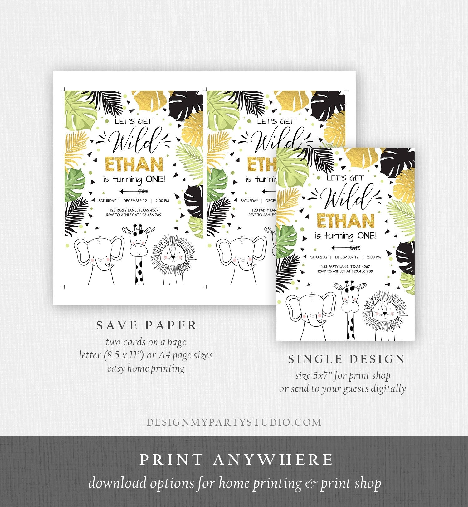 Editable Safari Animals Birthday Invitation Boy Girl First Birthday Let's Get Wild One Jungle Zoo Animals Black Modern Corjl Template 0039