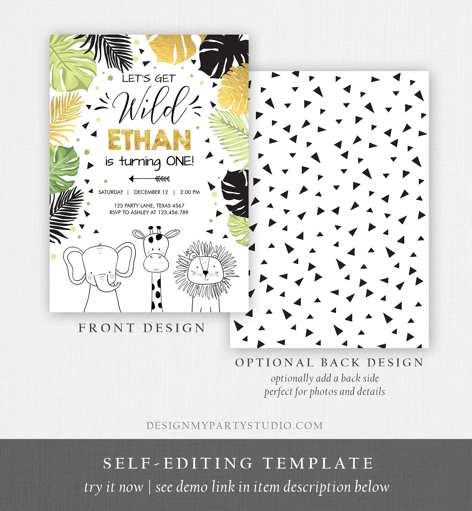 Editable Safari Animals Birthday Invitation Boy Girl First Birthday Let's Get Wild One Jungle Zoo Animals Black Modern Corjl Template 0039