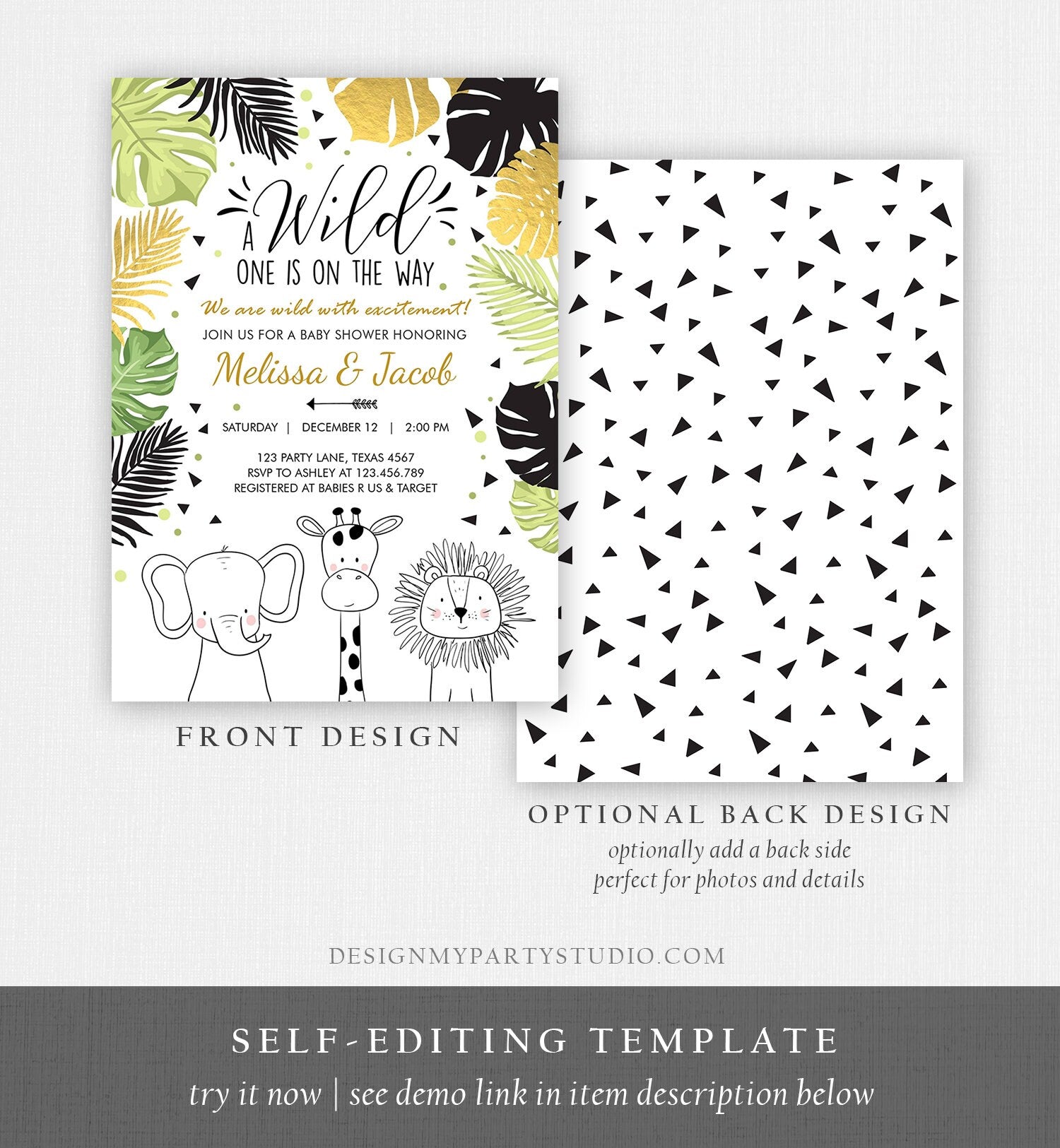 Editable Safari Animals Baby Shower Invitation Boy Girl Gender Neutral Wild One On the Way Jungle Zoo Animals Modern Corjl Template 0039