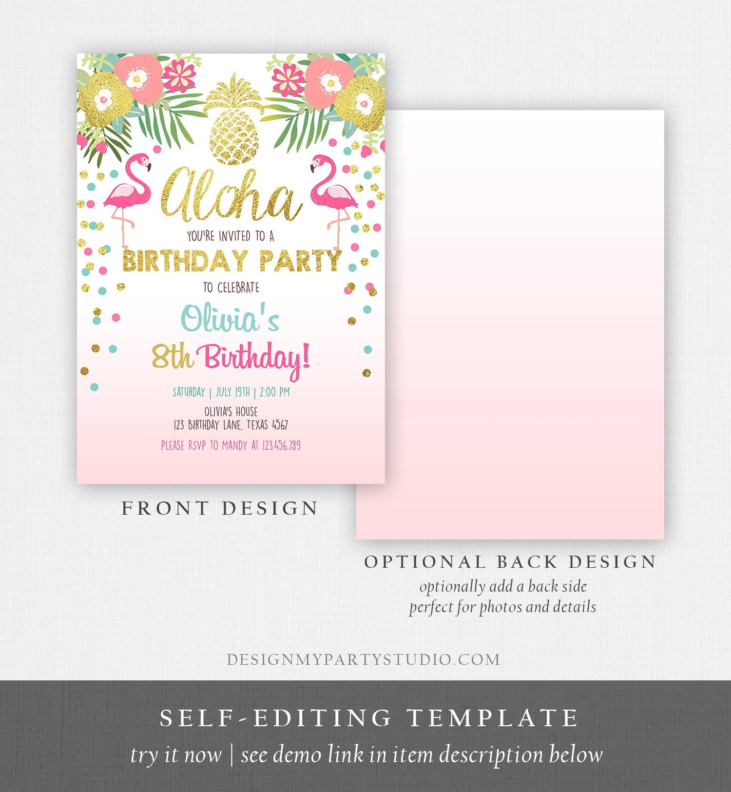 Editable Aloha Birthday Invitation Tropical Flamingo Luau Party Leaves Confetti Pink Gold Pineapple Hawaiian Evite Template Printable 0200