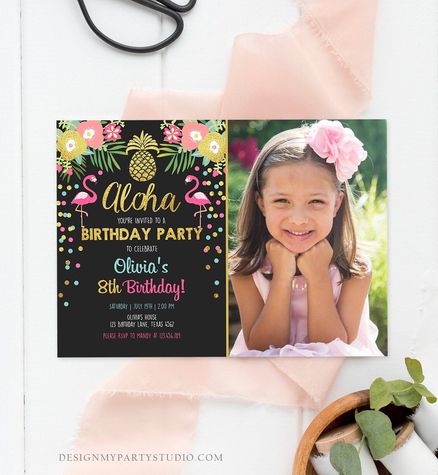 Editable Aloha Birthday Invitation Tropical Flamingo Luau Party Leaves Confetti Pink Gold Pineapple Hawaiian Corjl Template Printable 0200