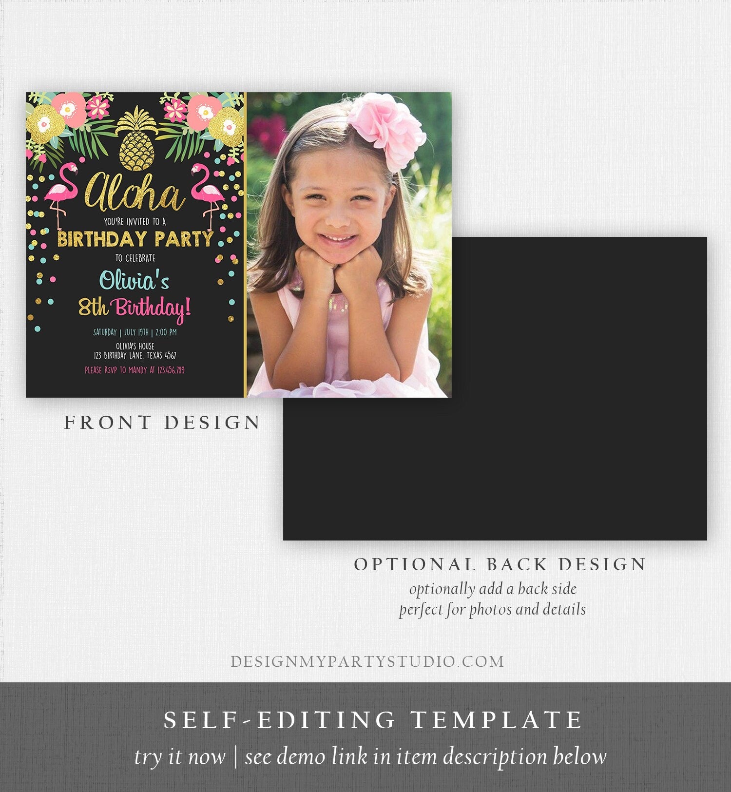 Editable Aloha Birthday Invitation Tropical Flamingo Luau Party Leaves Confetti Pink Gold Pineapple Hawaiian Corjl Template Printable 0200