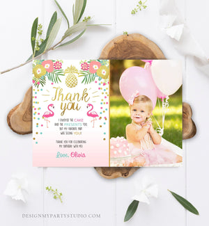 Editable Tropical Aloha Thank You Card Flamingo Birthday Luau Party Leaves Pink Gold Confetti Digital Download Corjl Template Printable 0200