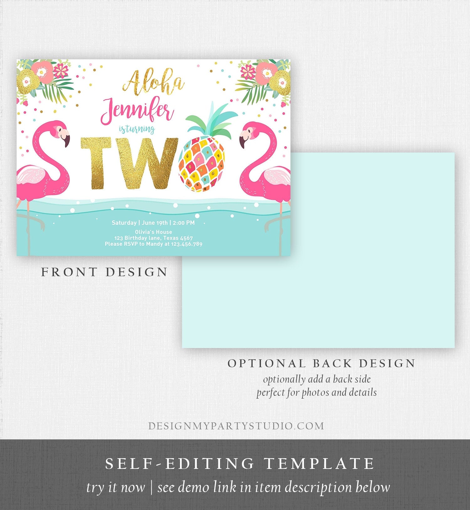 Editable Aloha Tropical Second Birthday Invitation 2nd Flamingo Luau Party Leaves Pink Gold Pineapple Hawaiian Corjl Template Printable 0200