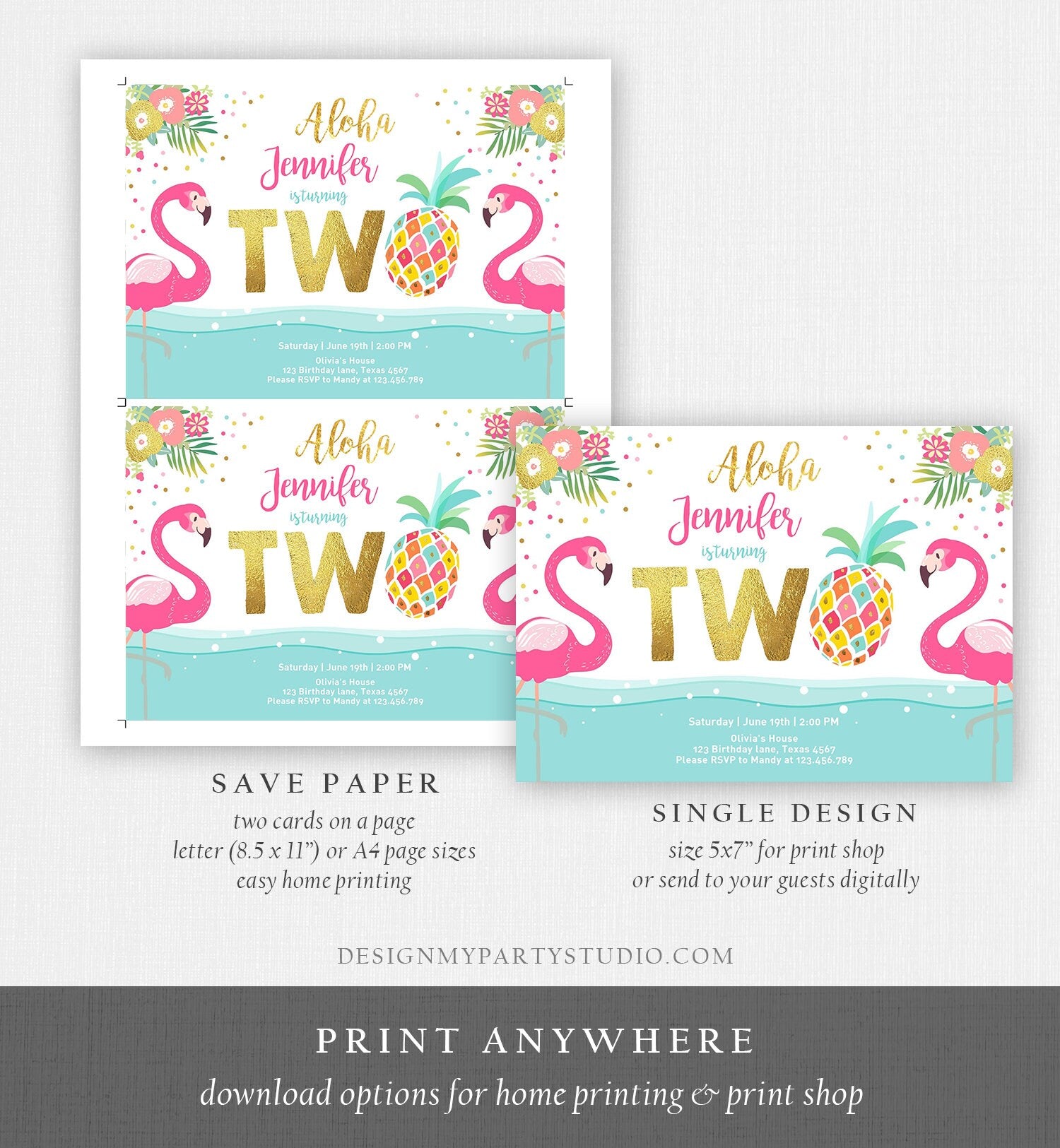 Editable Aloha Tropical Second Birthday Invitation 2nd Flamingo Luau Party Leaves Pink Gold Pineapple Hawaiian Corjl Template Printable 0200