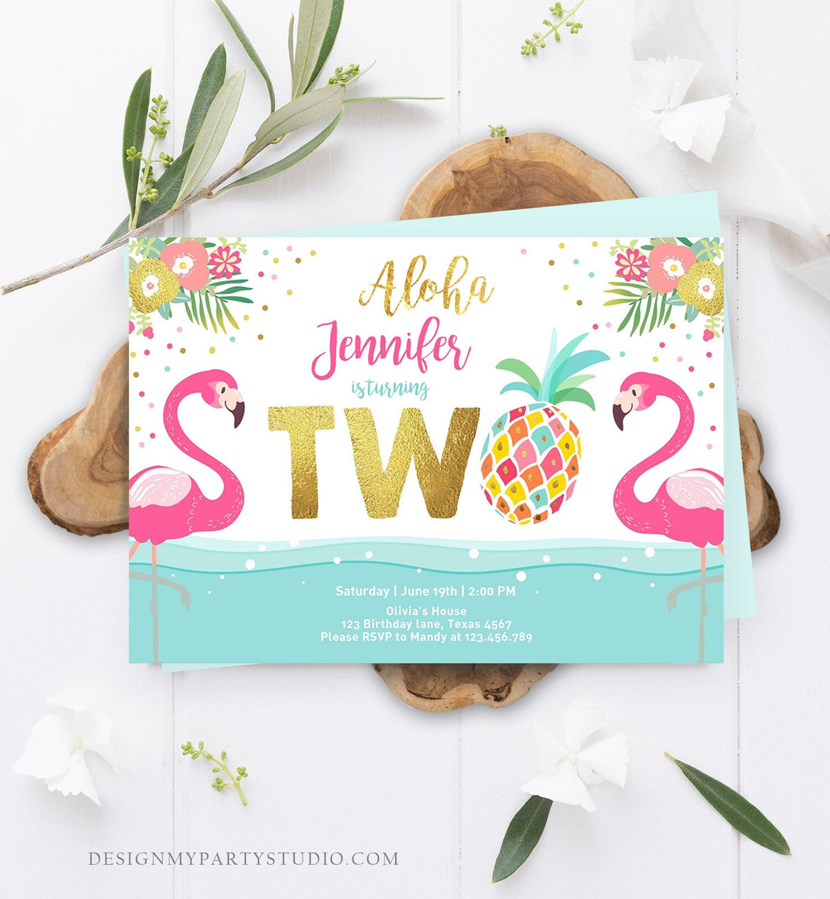 Editable Aloha Tropical Second Birthday Invitation 2nd Flamingo Luau Party Leaves Pink Gold Pineapple Hawaiian Corjl Template Printable 0200