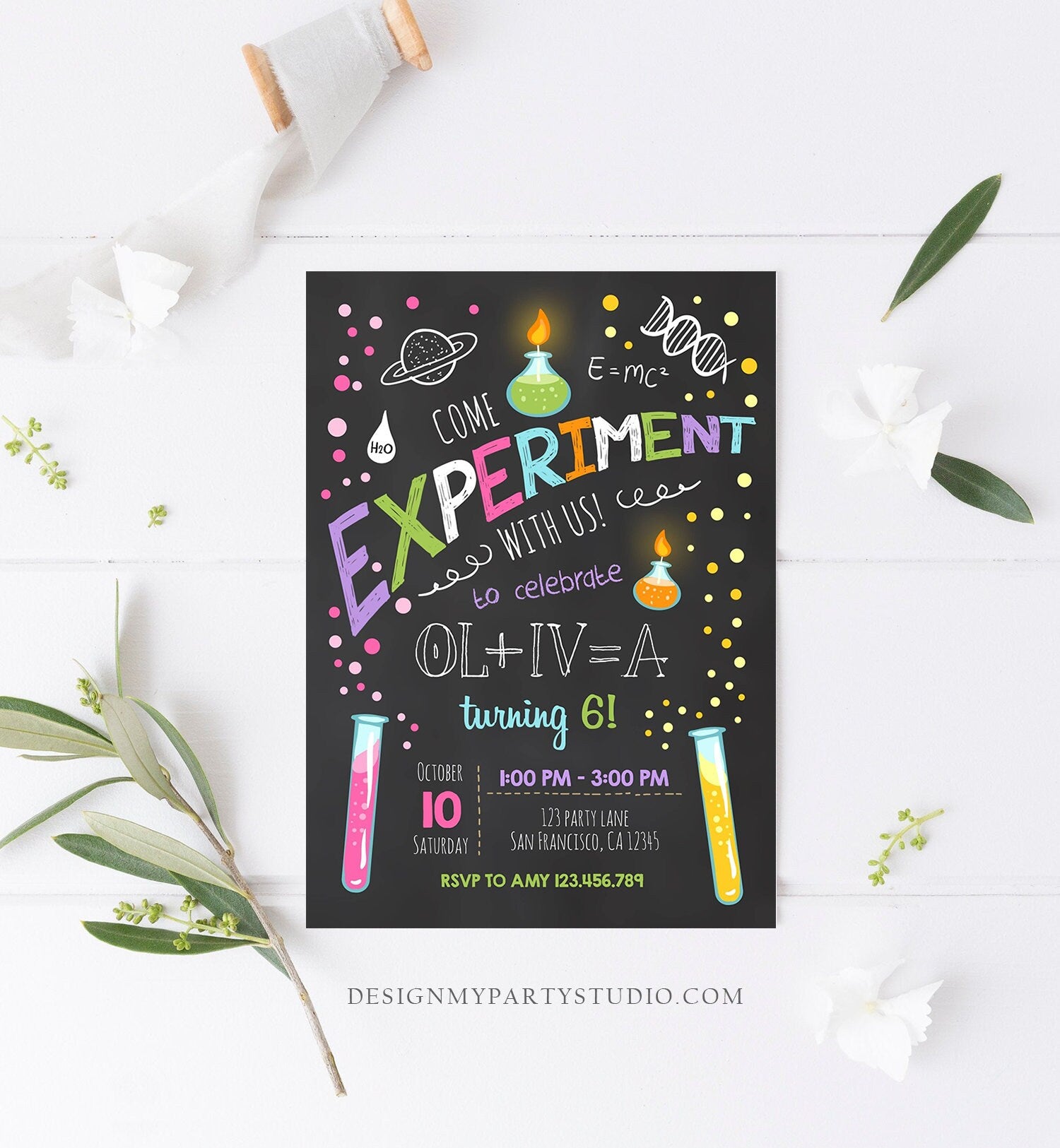 Editable Science Experiment Birthday Invitation Girl Experiment Party Mad Scientist Lab Slime Party Professor Corjl Template Printable 0094