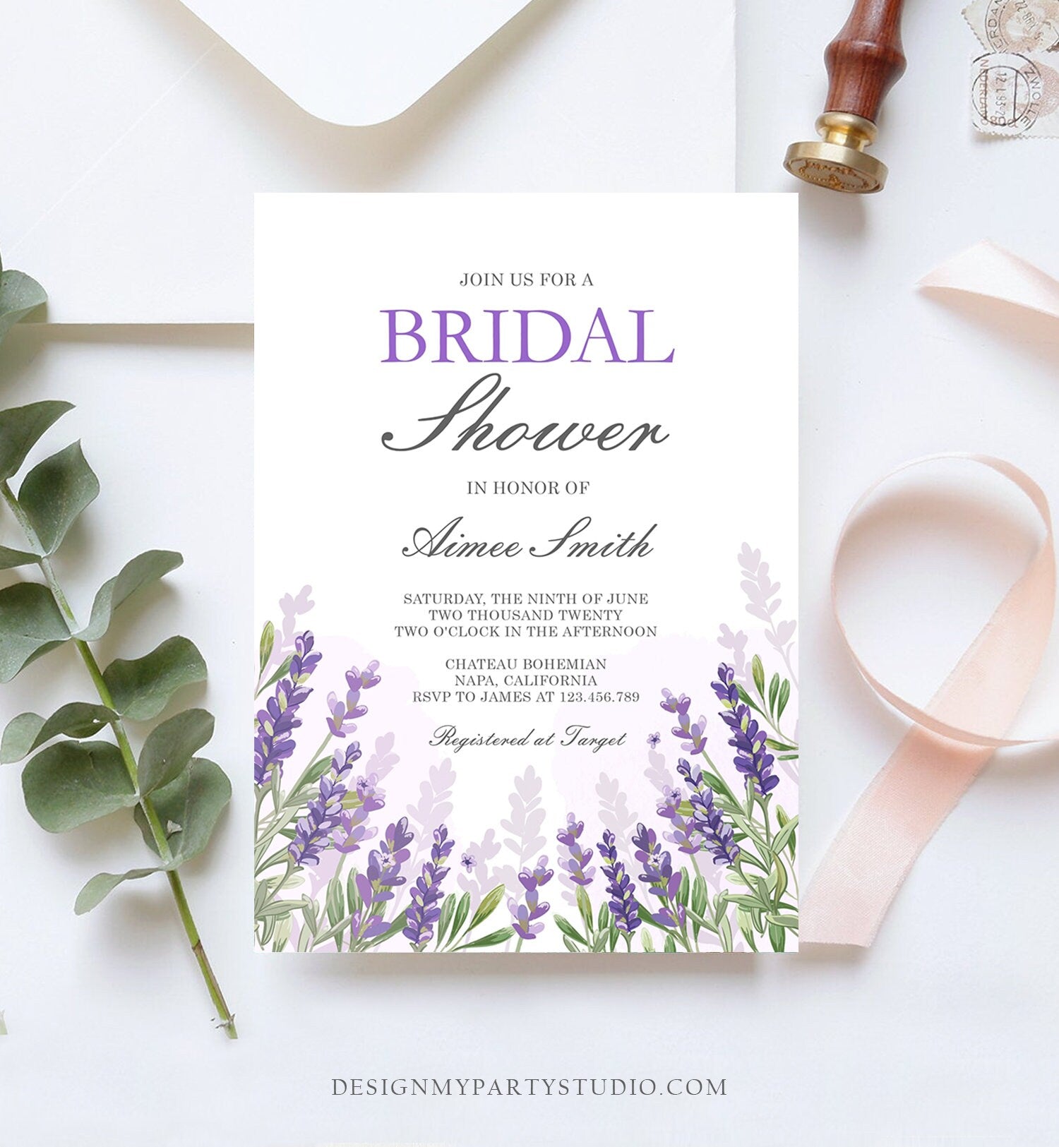 Editable Lavender Bridal Shower Invitation Greenery Foliage Boho Wedding Lilac Blush Lavender Purple Digital Corjl Template Printable 0206