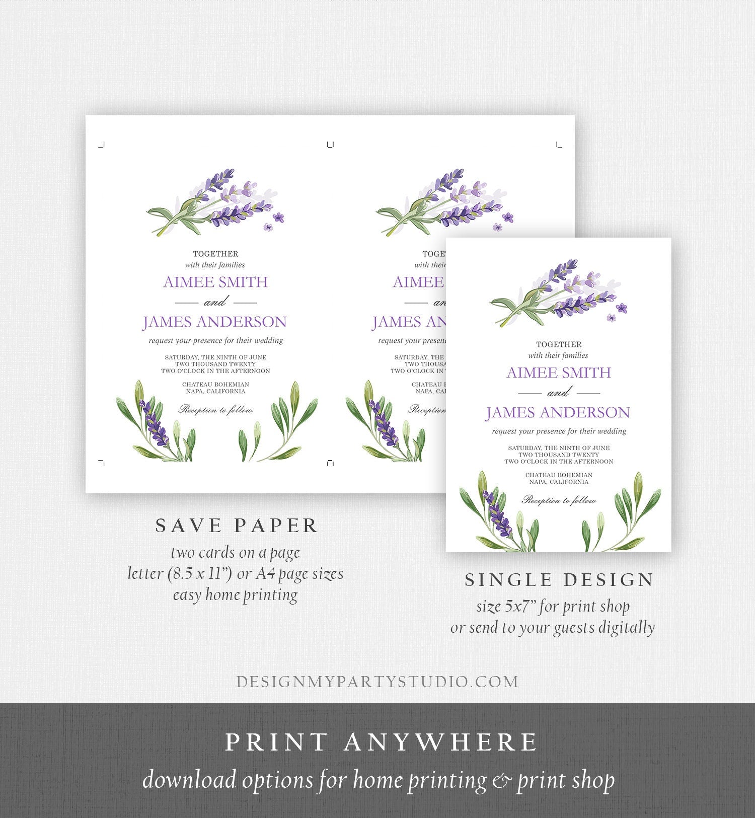 Editable Lavender Wedding Invitation Set Suite Greenery Foliage Boho Wedding Lilac Blush Lavender Purple Corjl Template Printable 0206