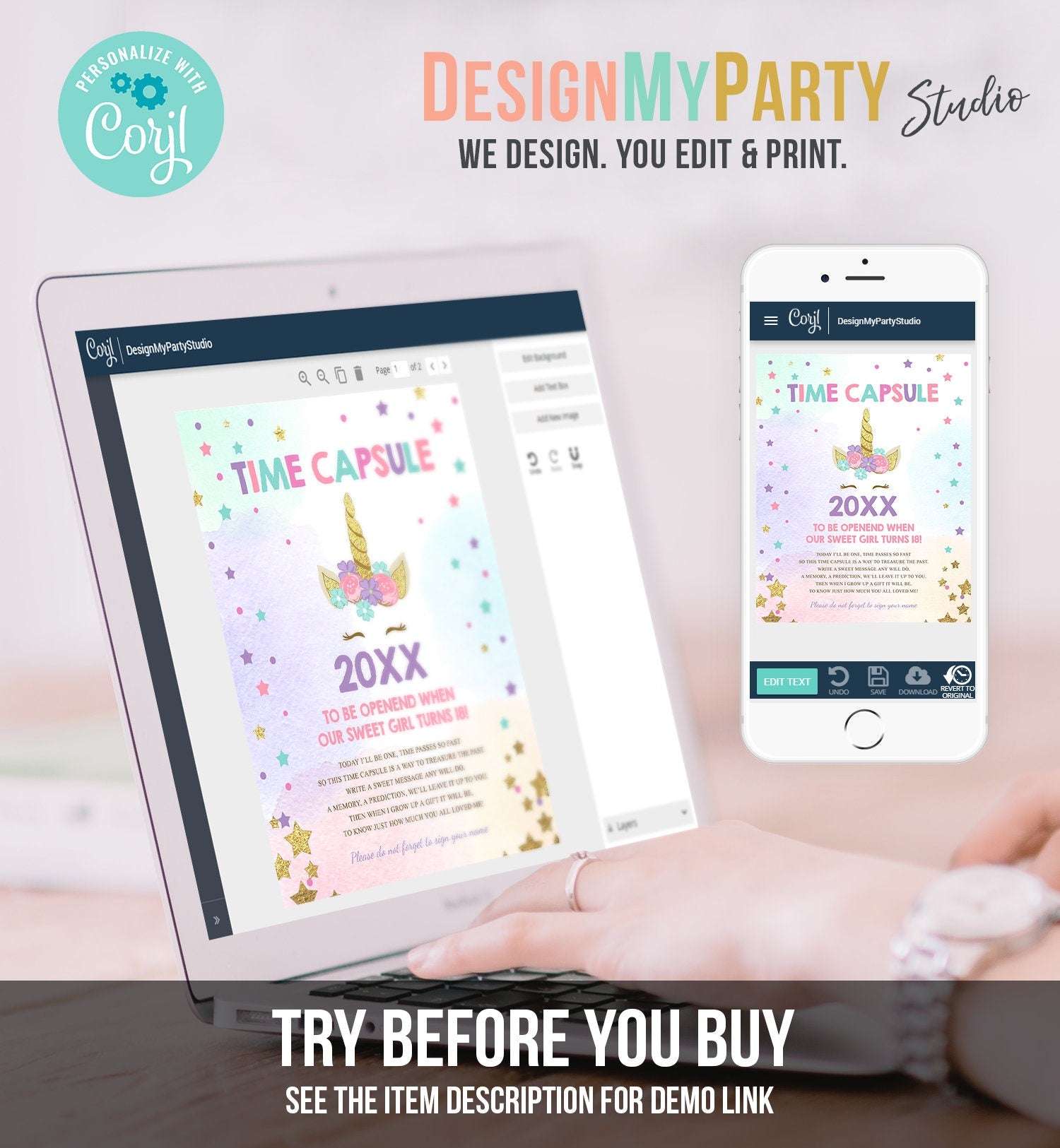 Editable Unicorn Time Capsule Birthday Rainbow Magical Celebration Pink Gold Instant Download Printable Corjl Template Digital Editable 0041