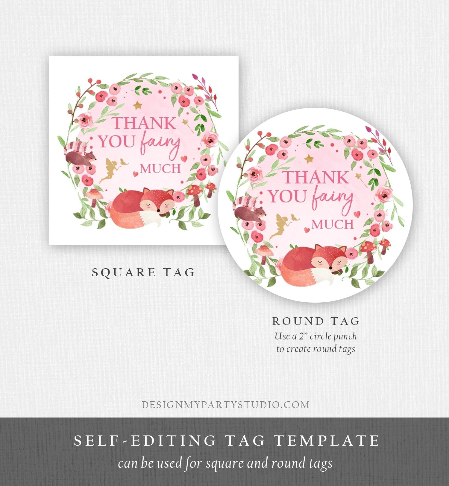 Editable Woodland Fairy Label Enchanted Forest Sticker Round Woodland Animals Girl Birthday Fox Printable Tag Template Corjl PRINTABLE 0173