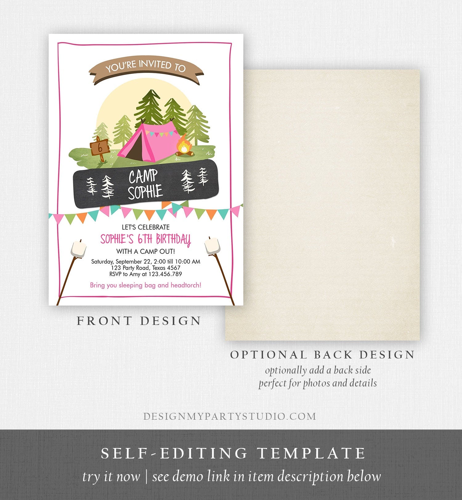 Editable Glamping Party Invitation Camp Out Birthday Invite Bonfire Outdoor Camping Tent Girl Pink Download Printable Template Corjl 0302