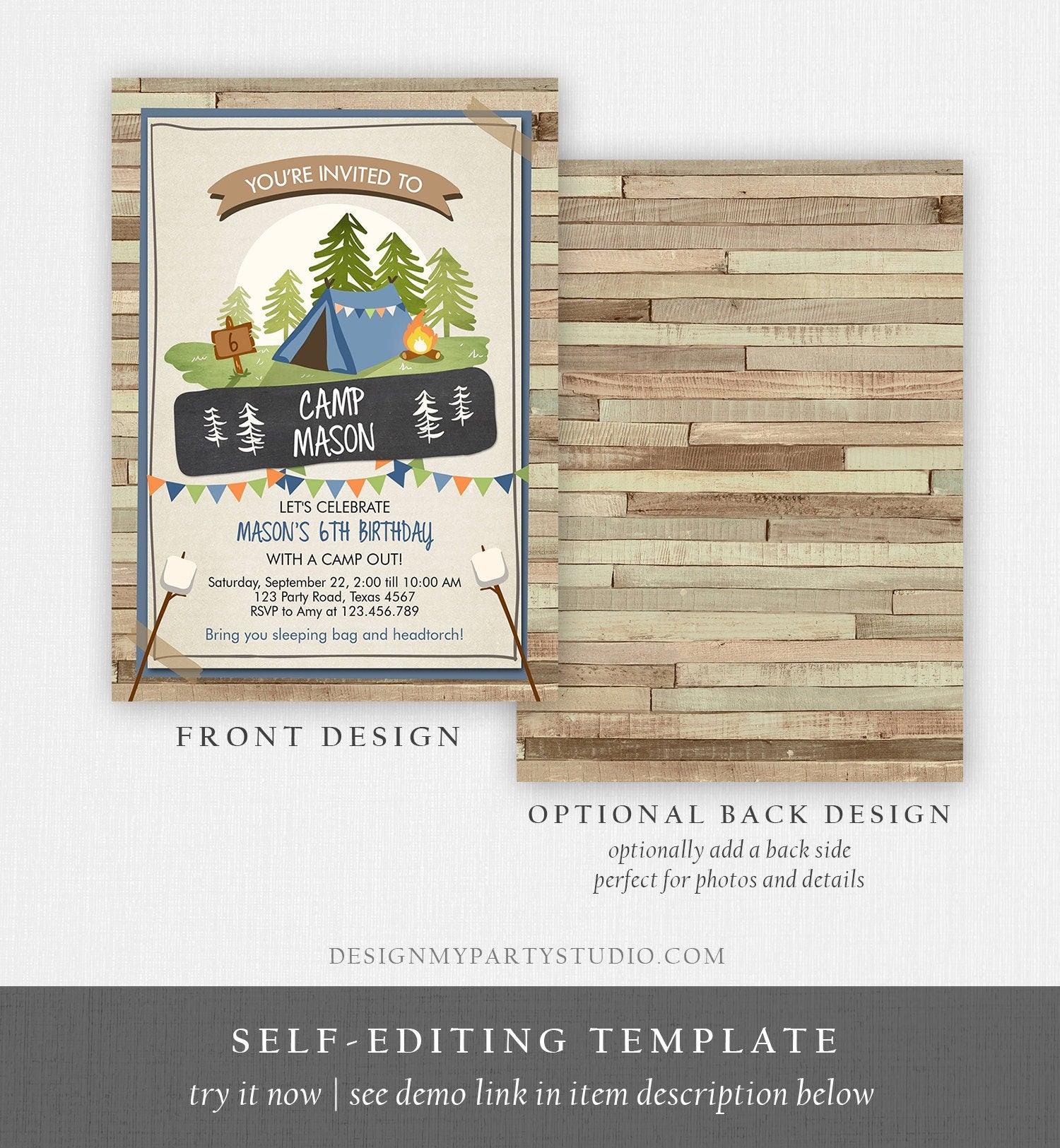 Editable Glamping Party Invitation Camp Out Birthday Invite Bonfire Outdoor Camping Tent Boy Blue Download Corjl Template Printable 0302