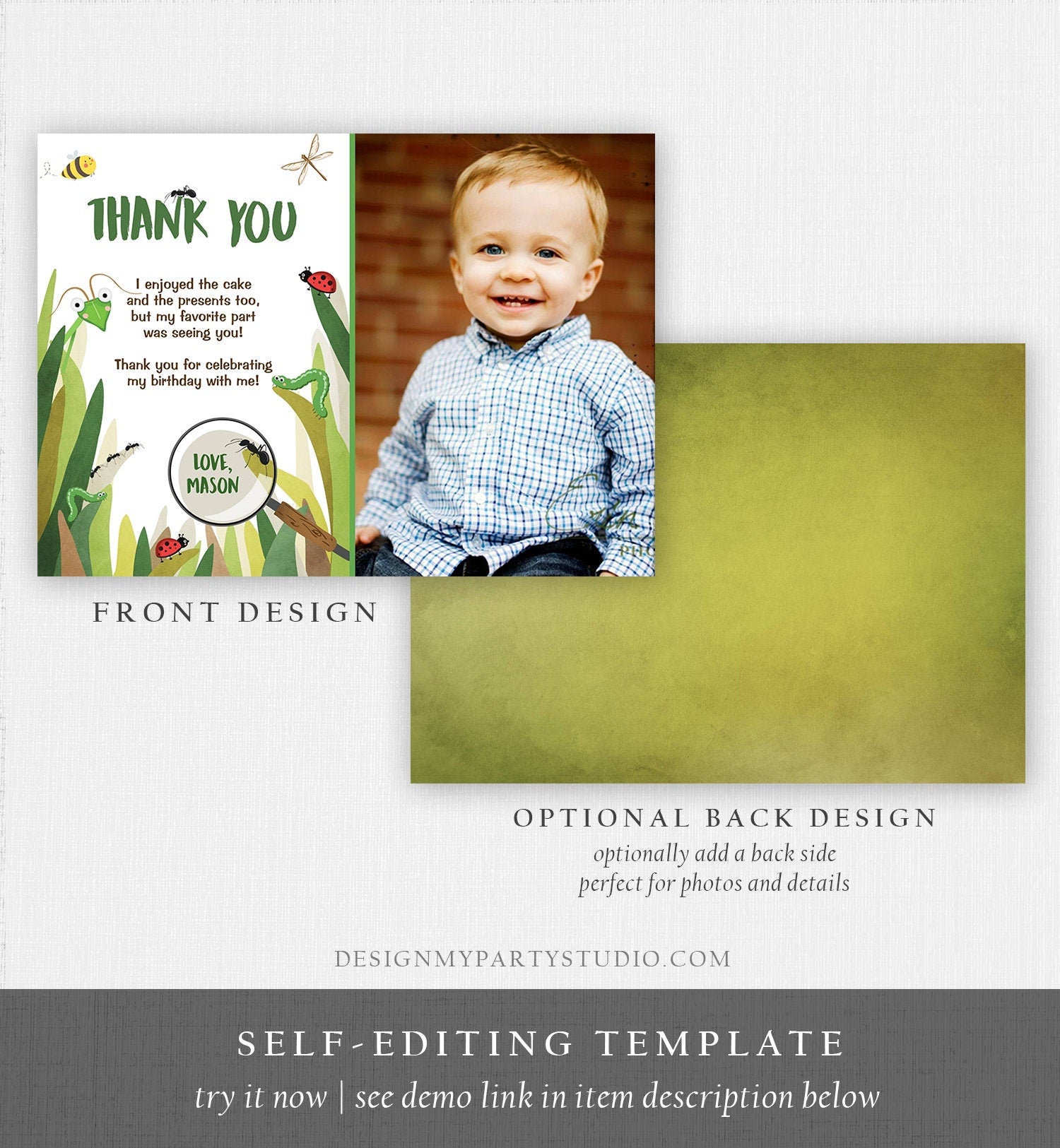 Editable Thank You Card Bug Thank you Note Bug Birthday Insect Party Boy Birthday Thank you Download Printable Template Corjl Digital 0090