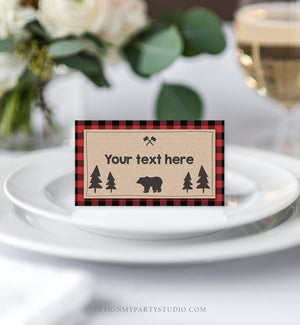 Editable Food Labels Lumberjack Birthday Wild One Buffalo Plaid Place Card Tent Card Escort Card Bear Woodland Rustic Template Corjl 0026