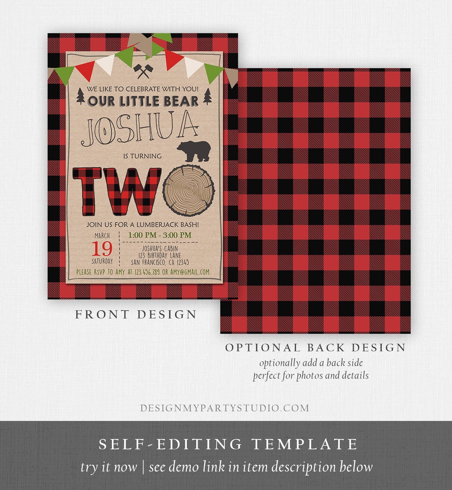 Editable 2nd Birthday Invitation Lumberjack Rustic Woodland Bear Forest Buffalo Plaid Four Birthday Printable Template Digital Corjl 0026