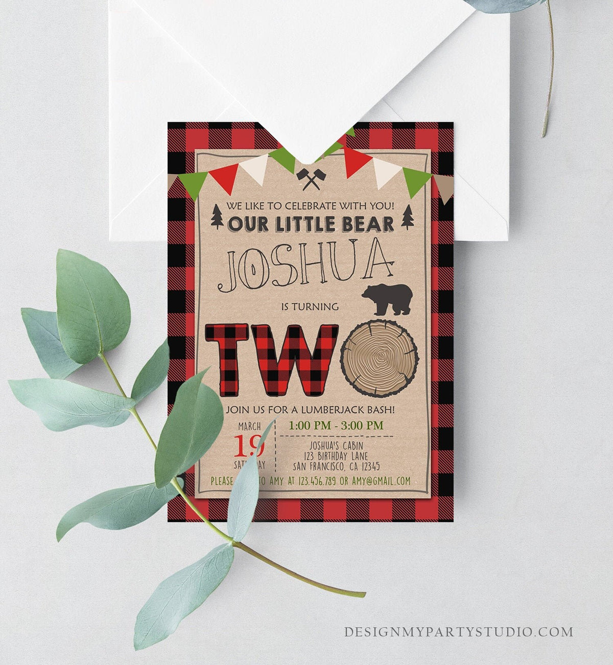 Editable 2nd Birthday Invitation Lumberjack Rustic Woodland Bear Forest Buffalo Plaid Four Birthday Printable Template Digital Corjl 0026