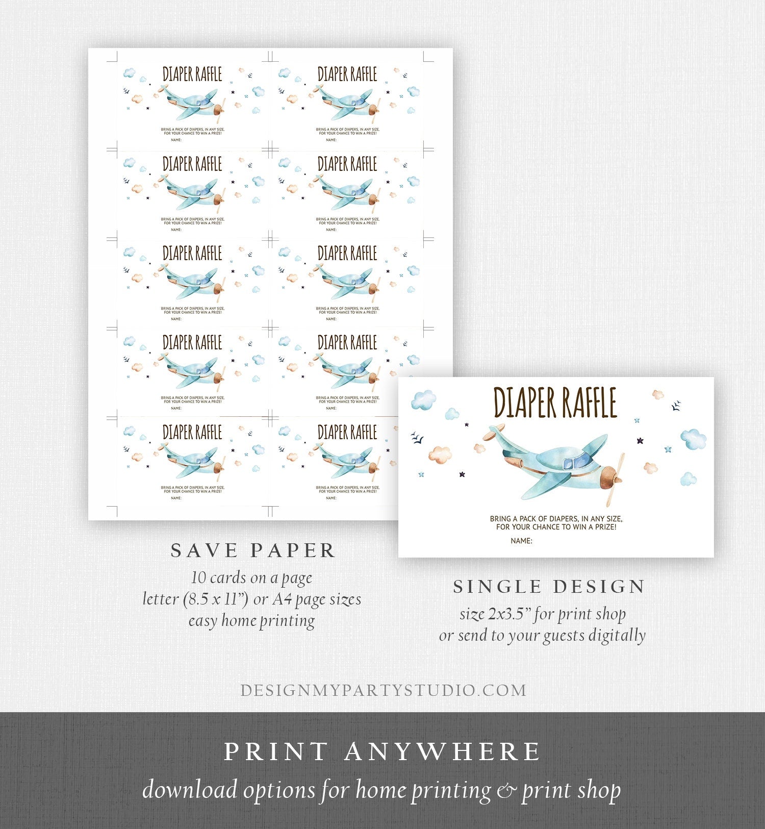 Editable Diaper Raffle Ticket Airplane Baby Shower Travel Adventure Diaper Game Blue Plane Diaper Ticket Game Corjl Template Printable 0185