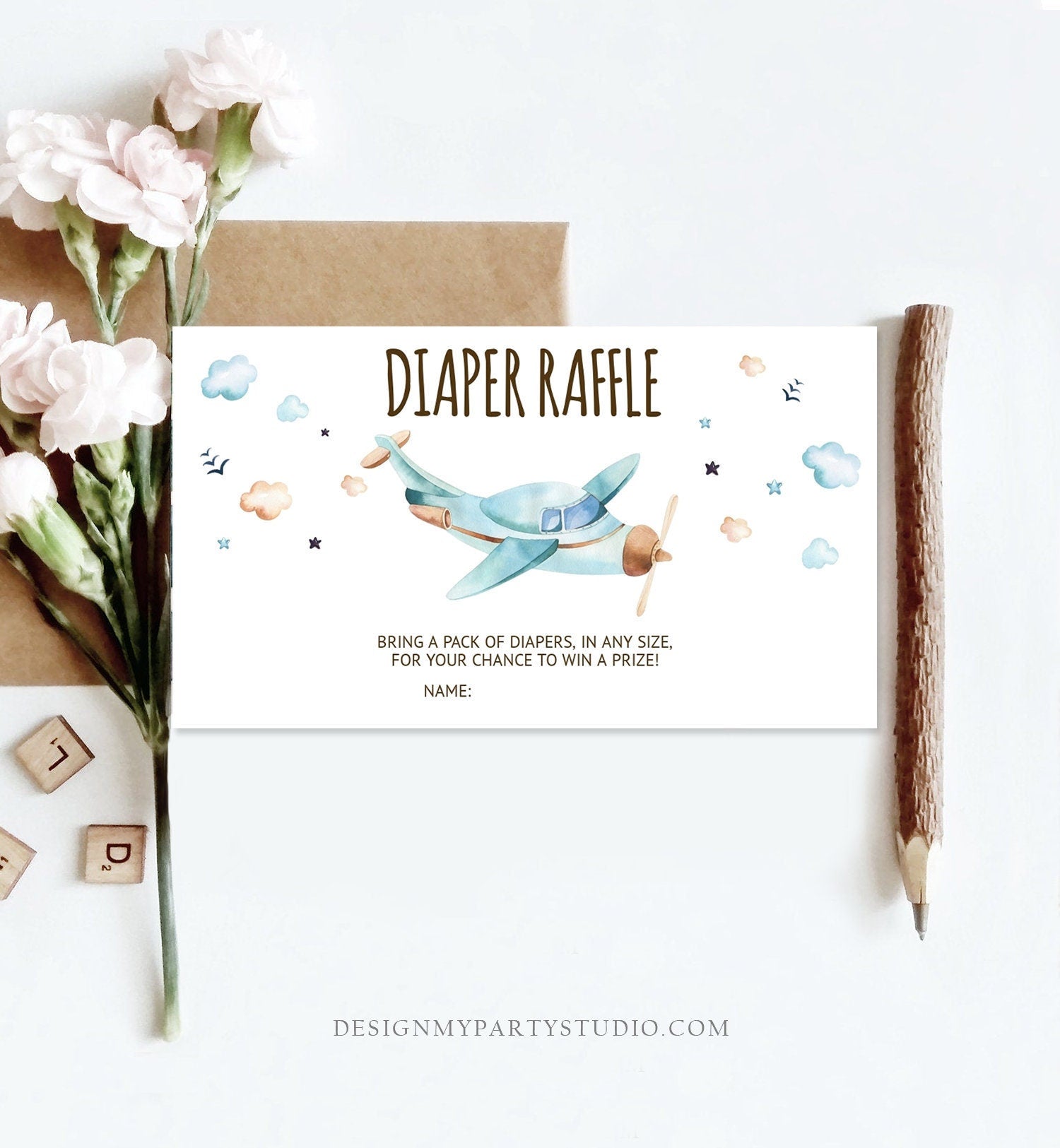 Editable Diaper Raffle Ticket Airplane Baby Shower Travel Adventure Diaper Game Blue Plane Diaper Ticket Game Corjl Template Printable 0185