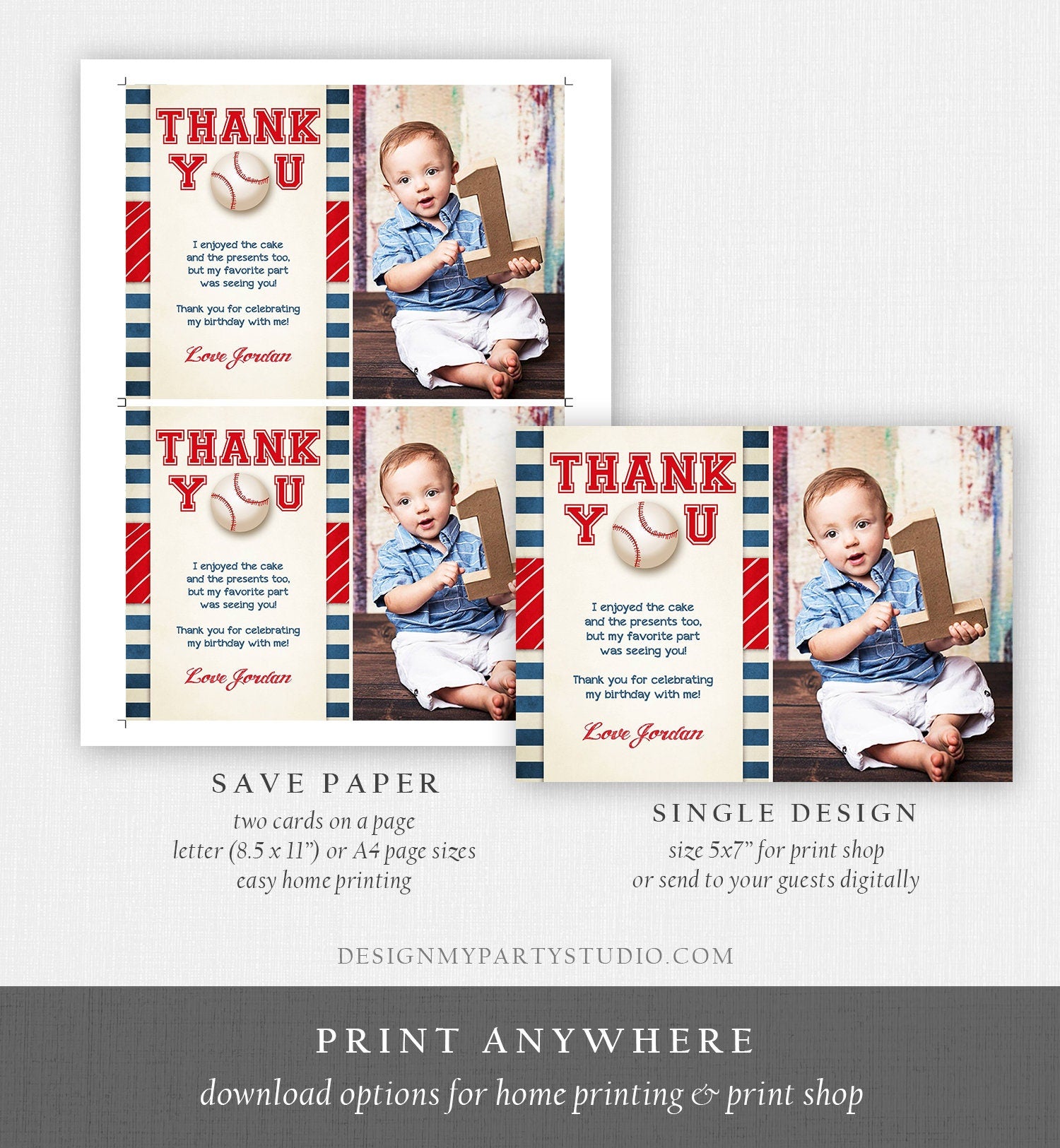 Editable Baseball Thank You Card Birthday Boy Little Slugger Rookie of The Year First 1st Batter Up Download Template Digital Corjl 0069