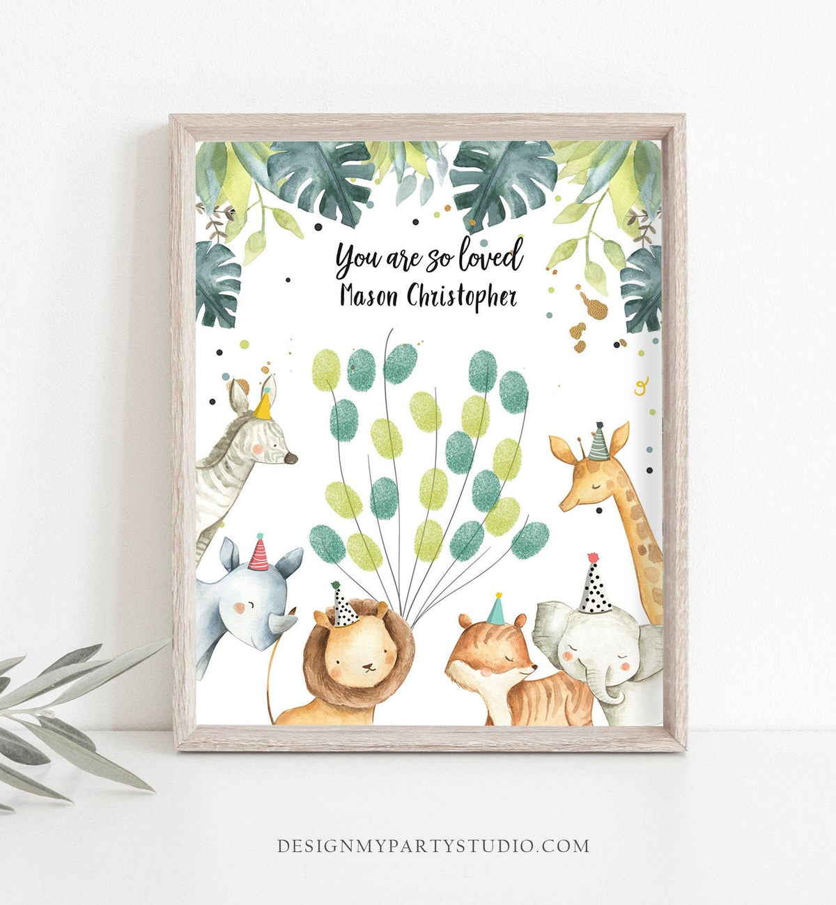 Editable Safari Animals Baby Shower Fingerprint Guestbook Thumbprint Guest Book Tree Jungle Wild One Gold Boy Corjl Template Printable 0163