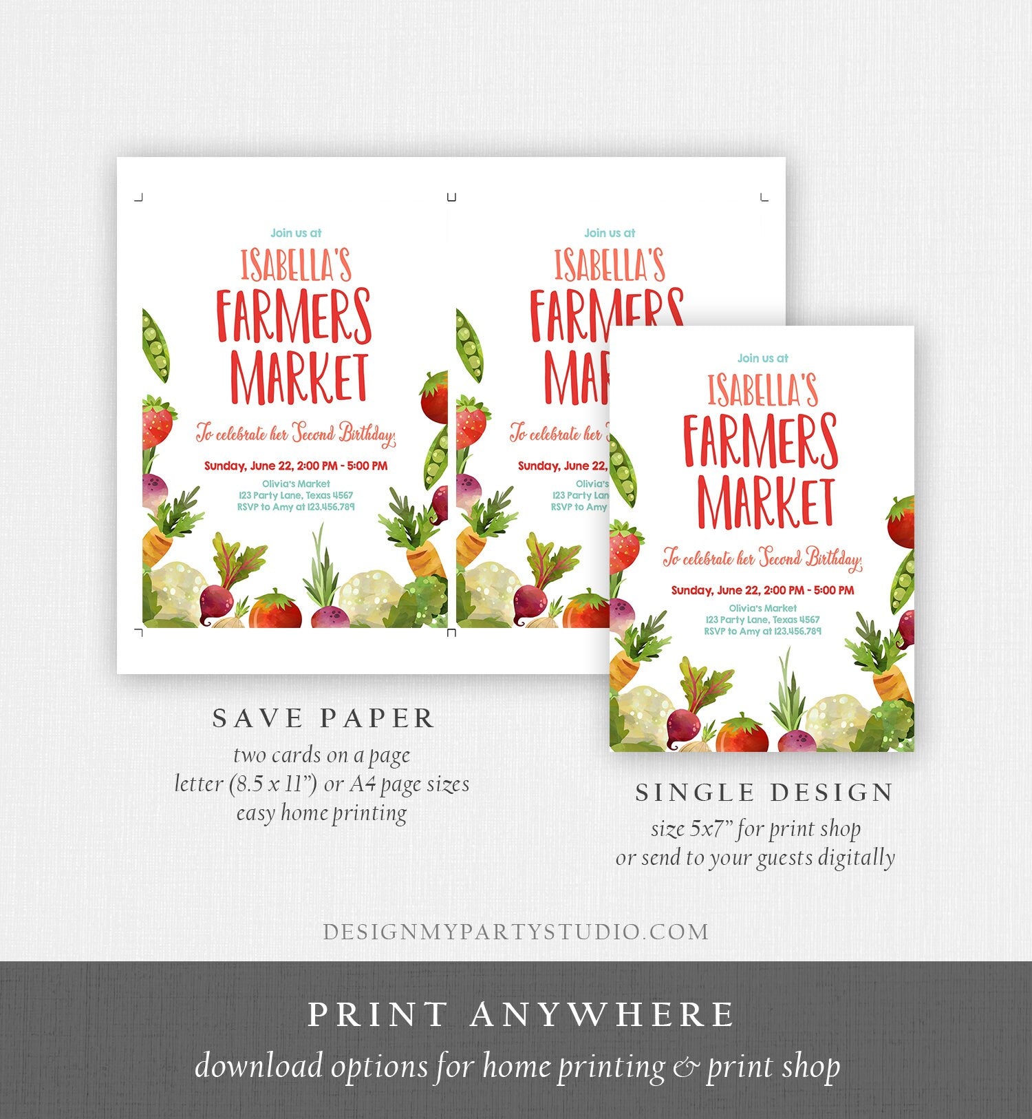 Editable Farmers Market Birthday Invitation Vegetables Locally Grown Veggies Farm Fruits Market Printable Invitation Template Corjl 0144