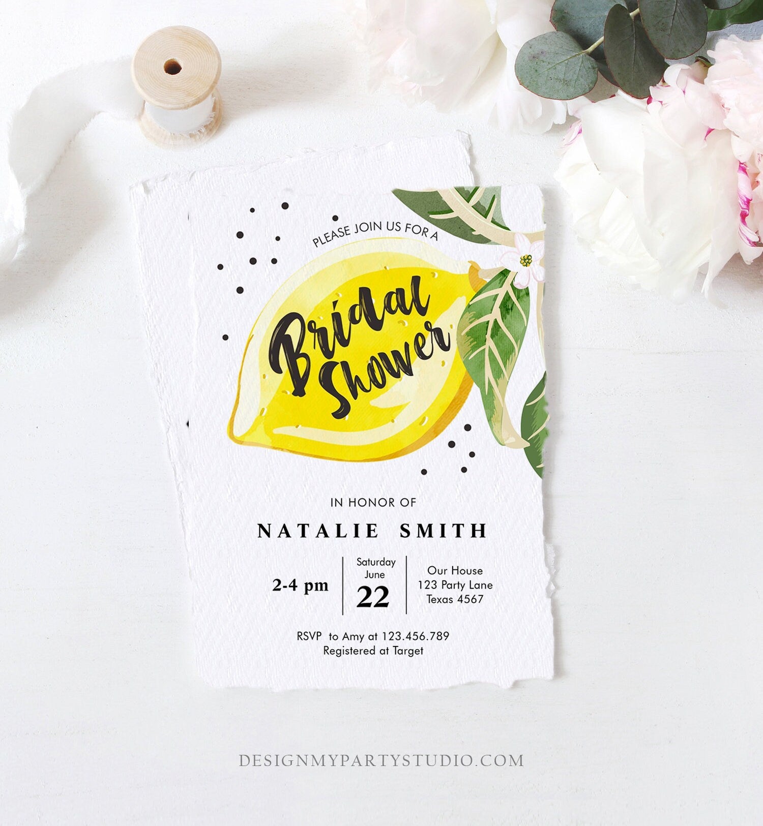 Editable Lemon Bridal Shower Invitation Bohemian Citrus Rustic Greenery Summer Wedding Lemonade Download Evite Template Printable 0307