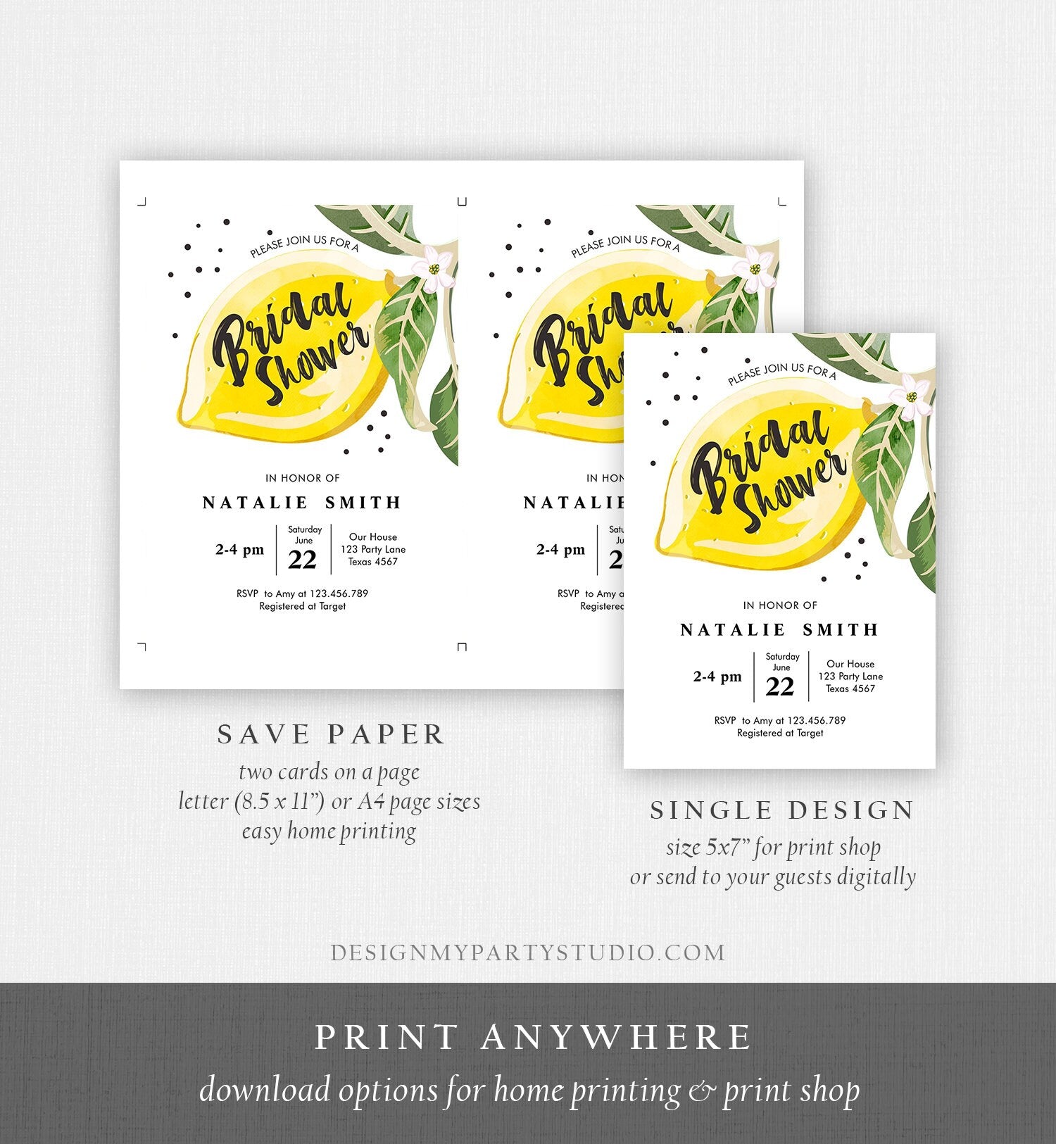 Editable Lemon Bridal Shower Invitation Bohemian Citrus Rustic Greenery Summer Wedding Lemonade Download Evite Template Printable 0307