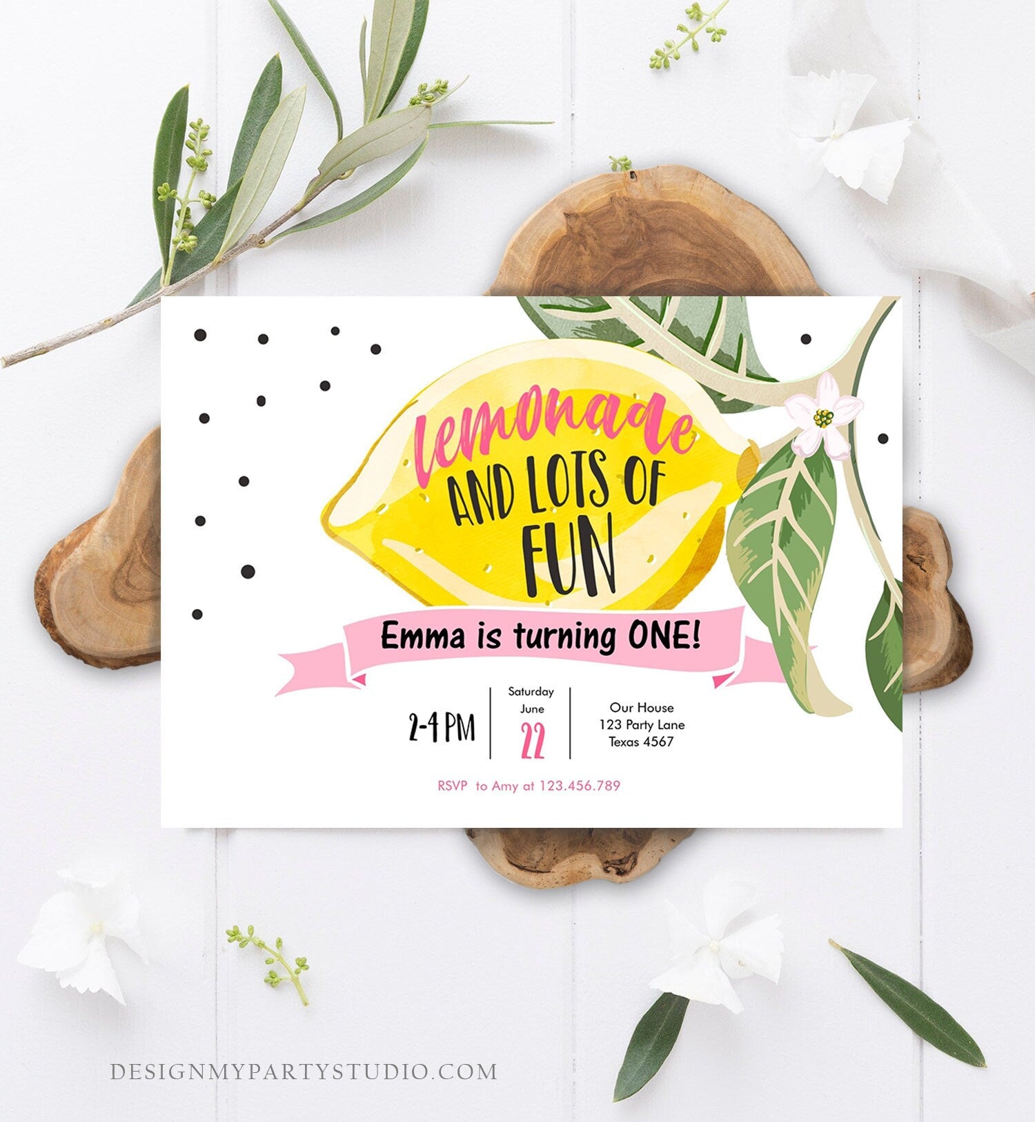 Editable Lemon Birthday Invitation Sunshine Lemonade and Fun Girl First Birthday Party Pink Sweet 1st Citrus Corjl Template Printable 0307