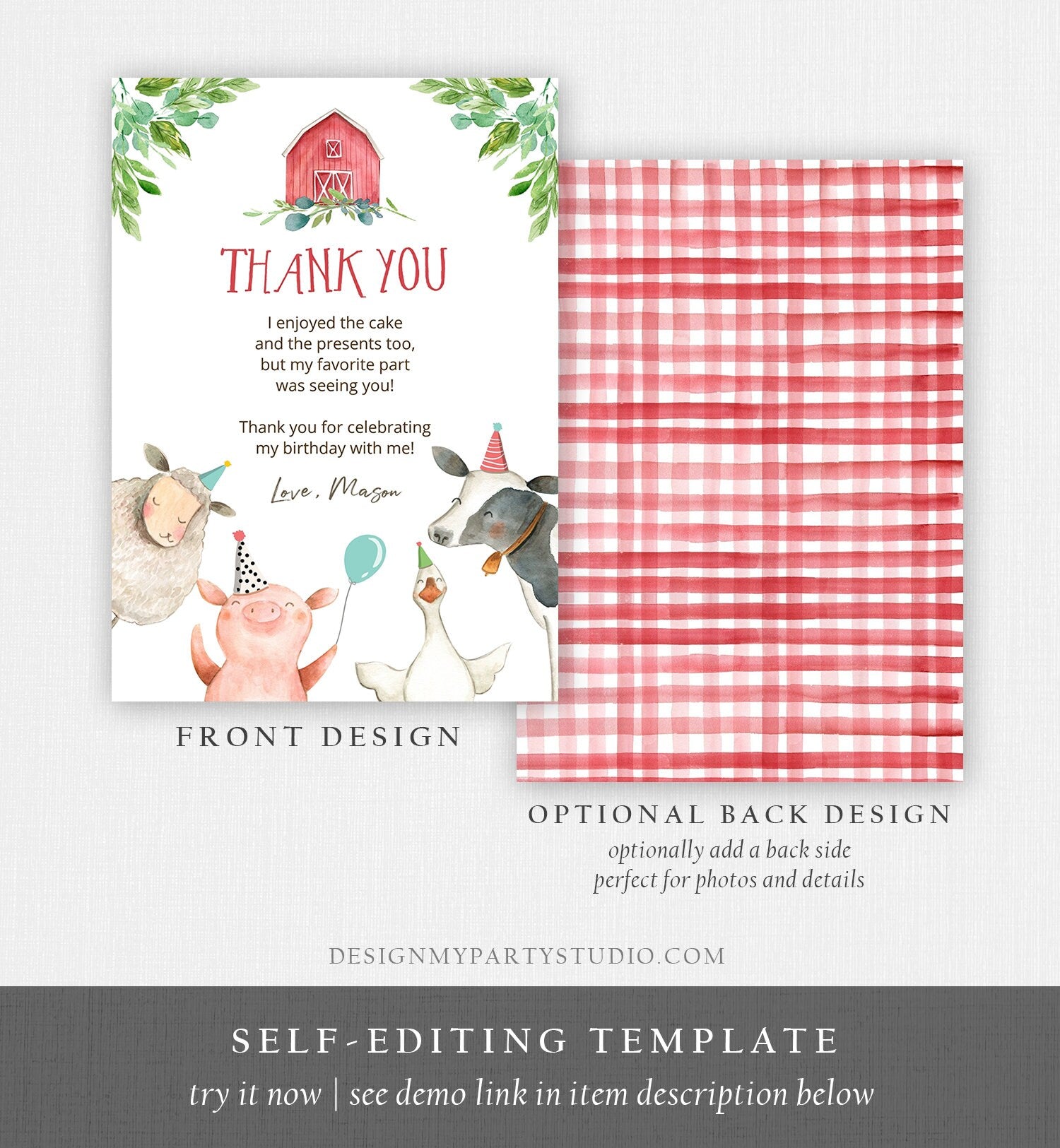 Editable Farm Animals Thank You Card Boy Birthday Red Gingham Party Animals Barnyard Thank You Note Digital Download Template Printable 0155