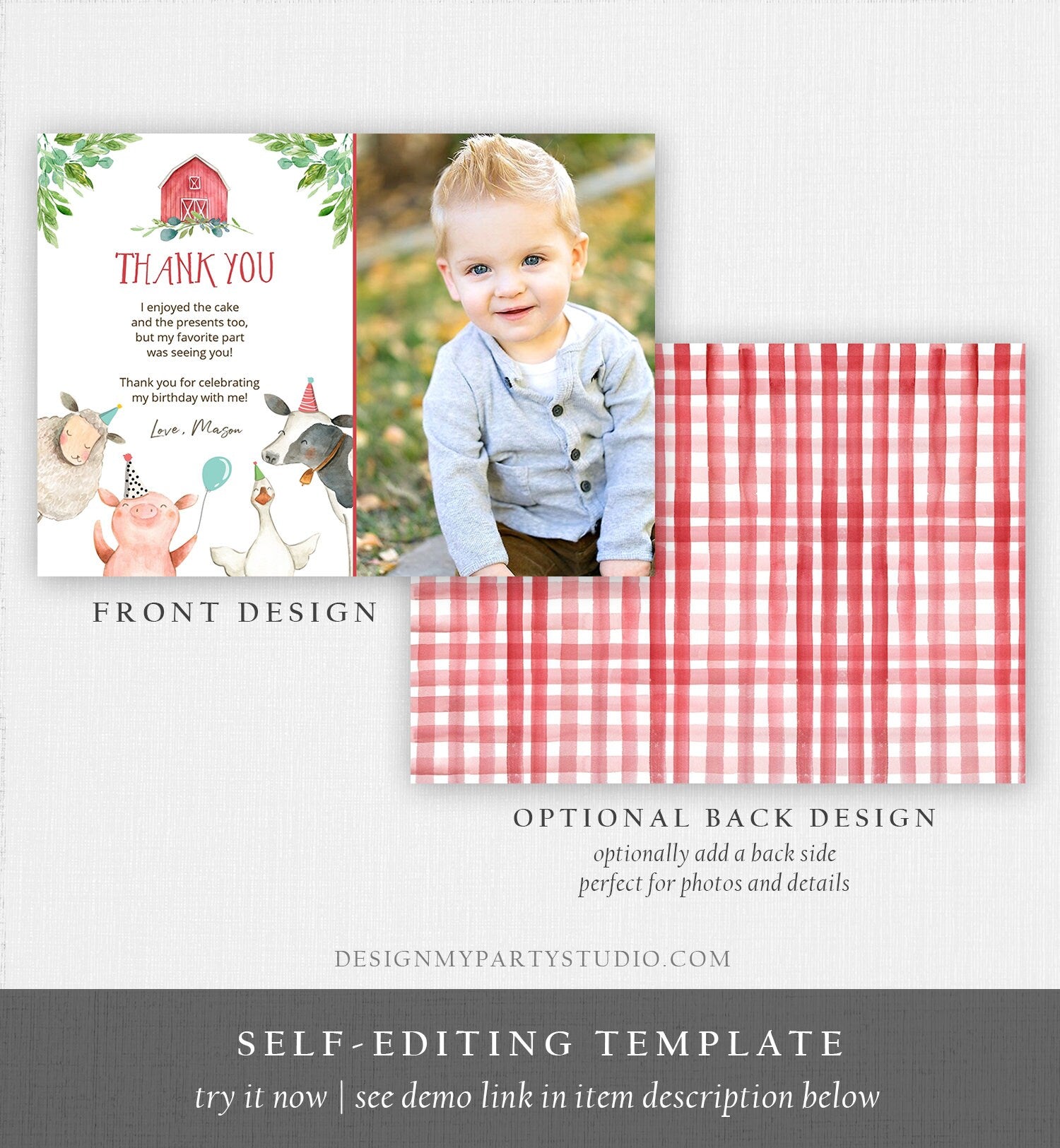 Editable Farm Animals Thank You Card Red Gingham Farm Birthday Boy Barnyard Thank You Card Birthday Template Instant Download Corjl 0155