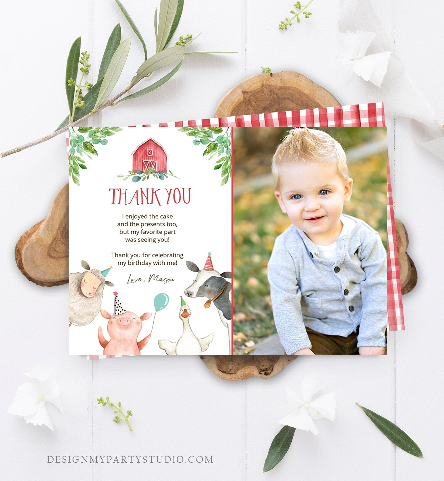 Editable Farm Animals Thank You Card Red Gingham Farm Birthday Boy Barnyard Thank You Card Birthday Template Instant Download Corjl 0155