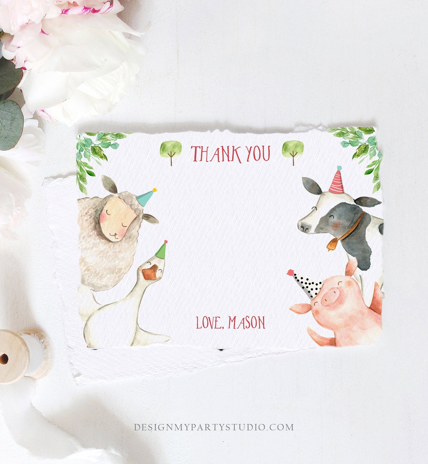 Editable Farm Animals Thank You Card Red Gingham Farm Birthday Boy Barnyard Thank You Card Birthday Digital Download Template Printable 0155