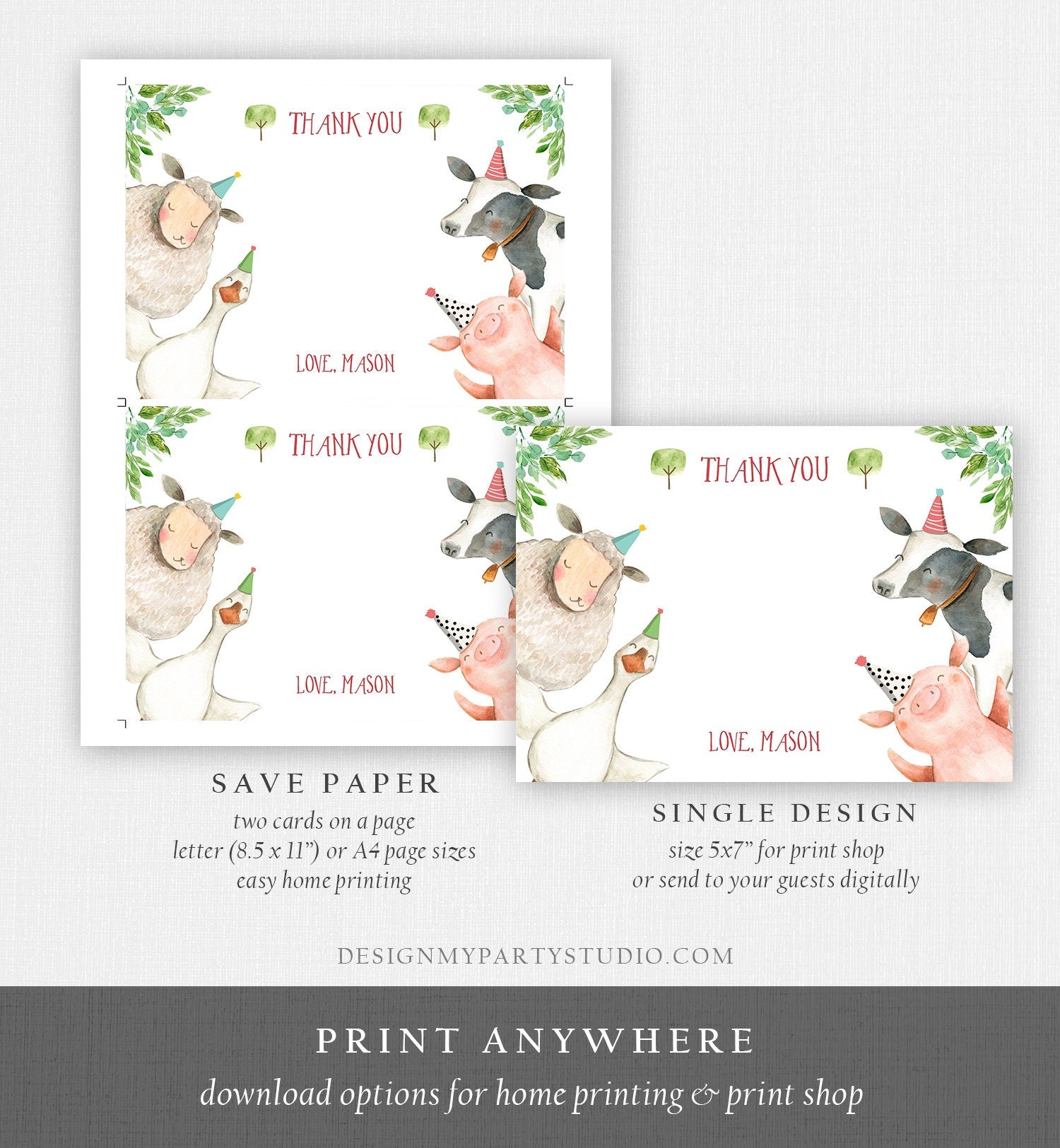 Editable Farm Animals Thank You Card Red Gingham Farm Birthday Boy Barnyard Thank You Card Birthday Digital Download Template Printable 0155