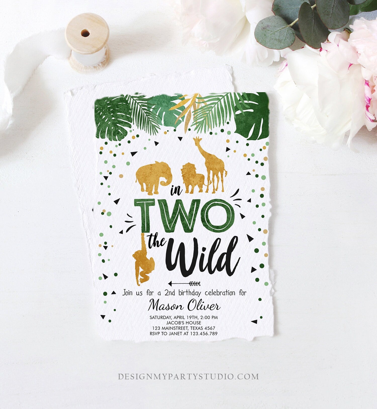 Editable In Two The Wild Birthday Invitation Boy Second Birthday Safari Animals Jungle Green Gold 2nd Download Corjl Template Printable 0016