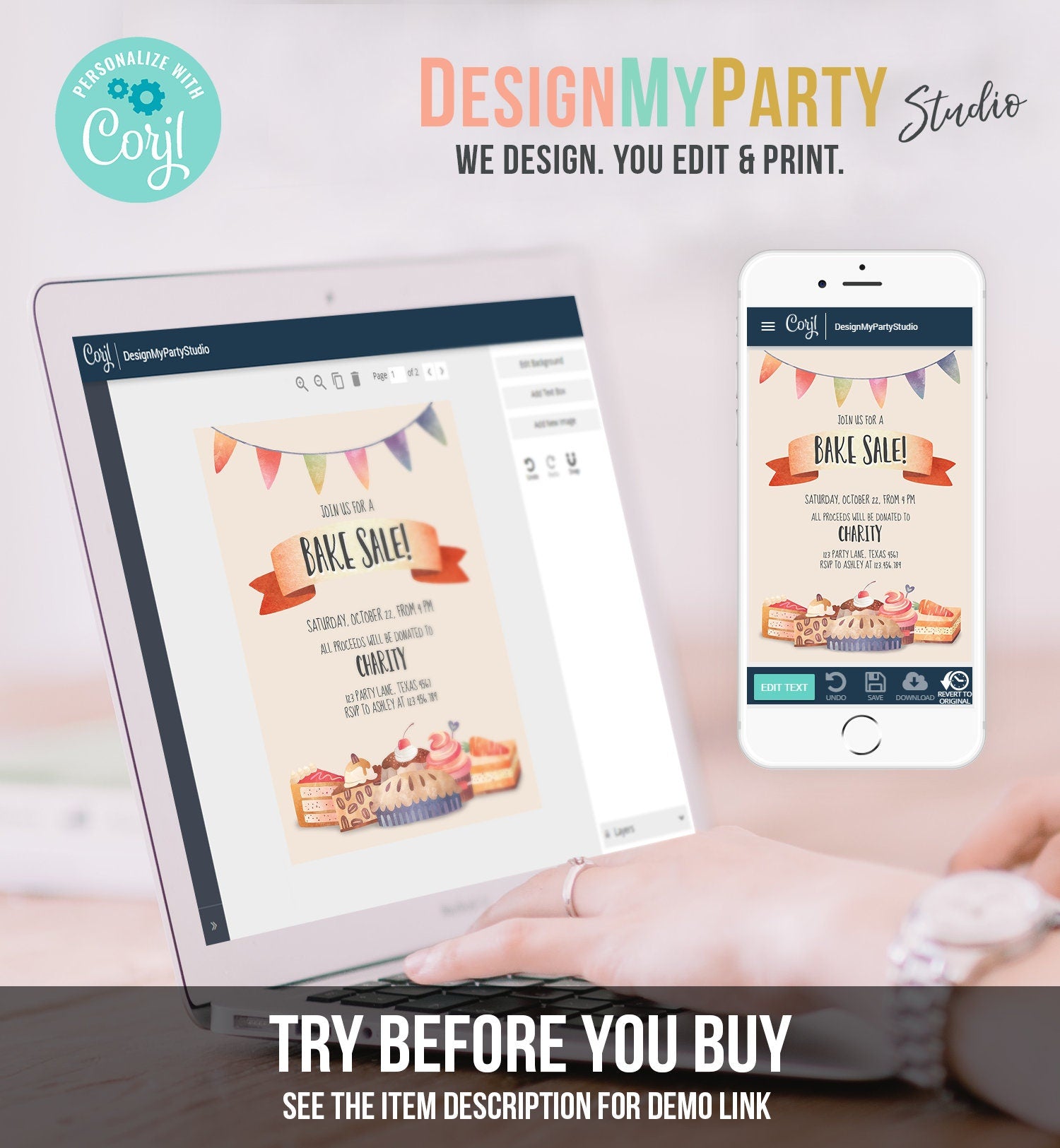 Editable Bake Sale Party Festival Invitation Fundraiser School Church Flyer Kitchen Cake Cookie Download Corjl Template Printable 0258