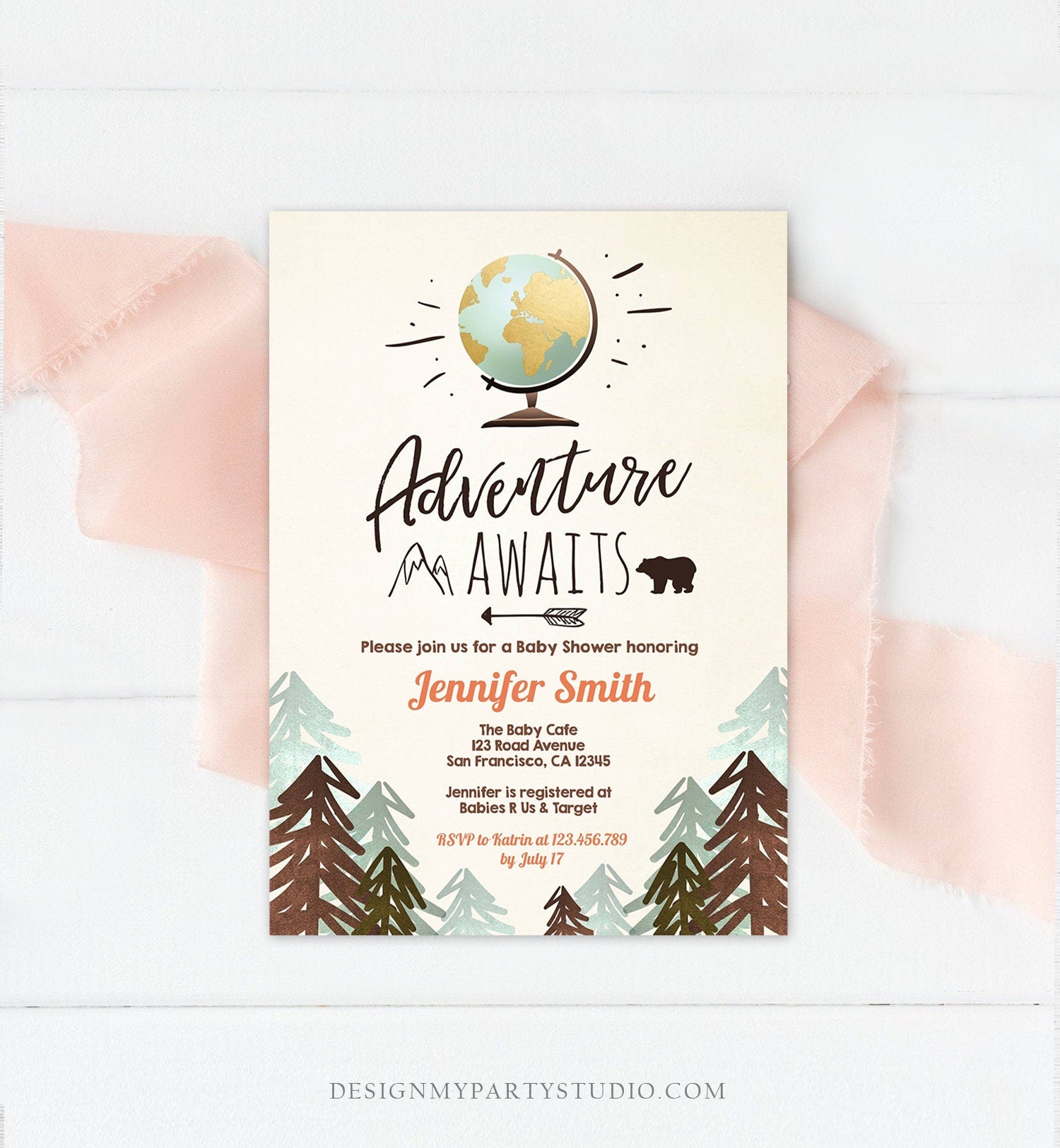 Editable Adventure Awaits Baby Shower Invitation Forest Woodland Vintage Globe Travel Around the World Digital Corjl Template Printable 0044