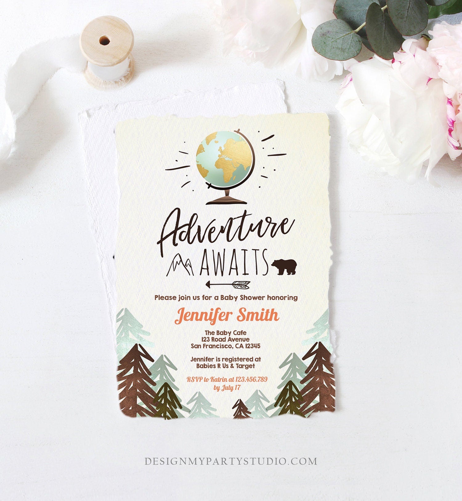 Editable Adventure Awaits Baby Shower Invitation Forest Woodland Vintage Globe Travel Around the World Digital Corjl Template Printable 0044