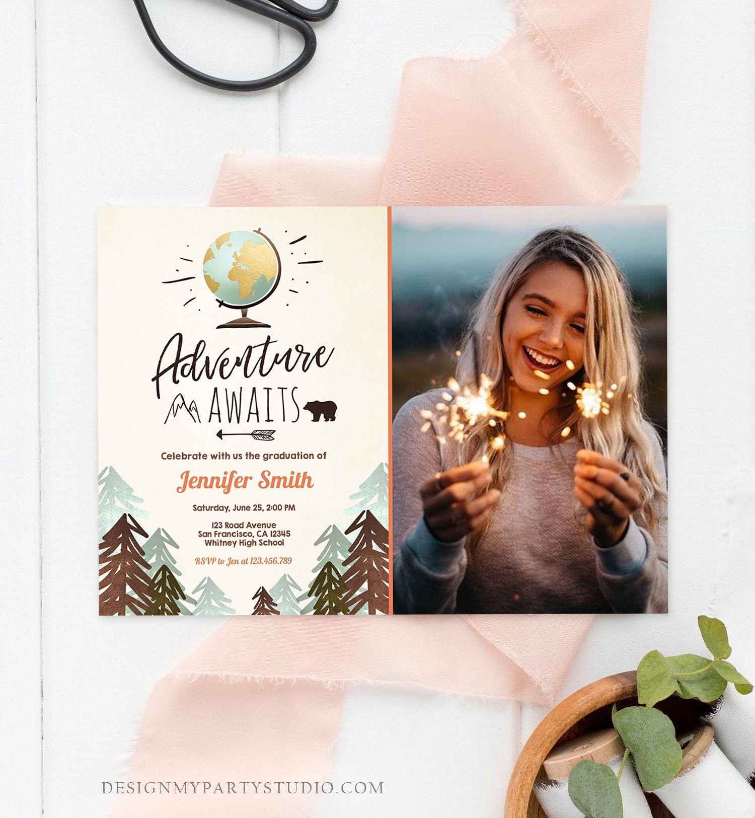 Editable Adventure Awaits Graduation Party Invitation Forest Woodland Vintage Travel College High School Grad Digital Corjl Template 0044